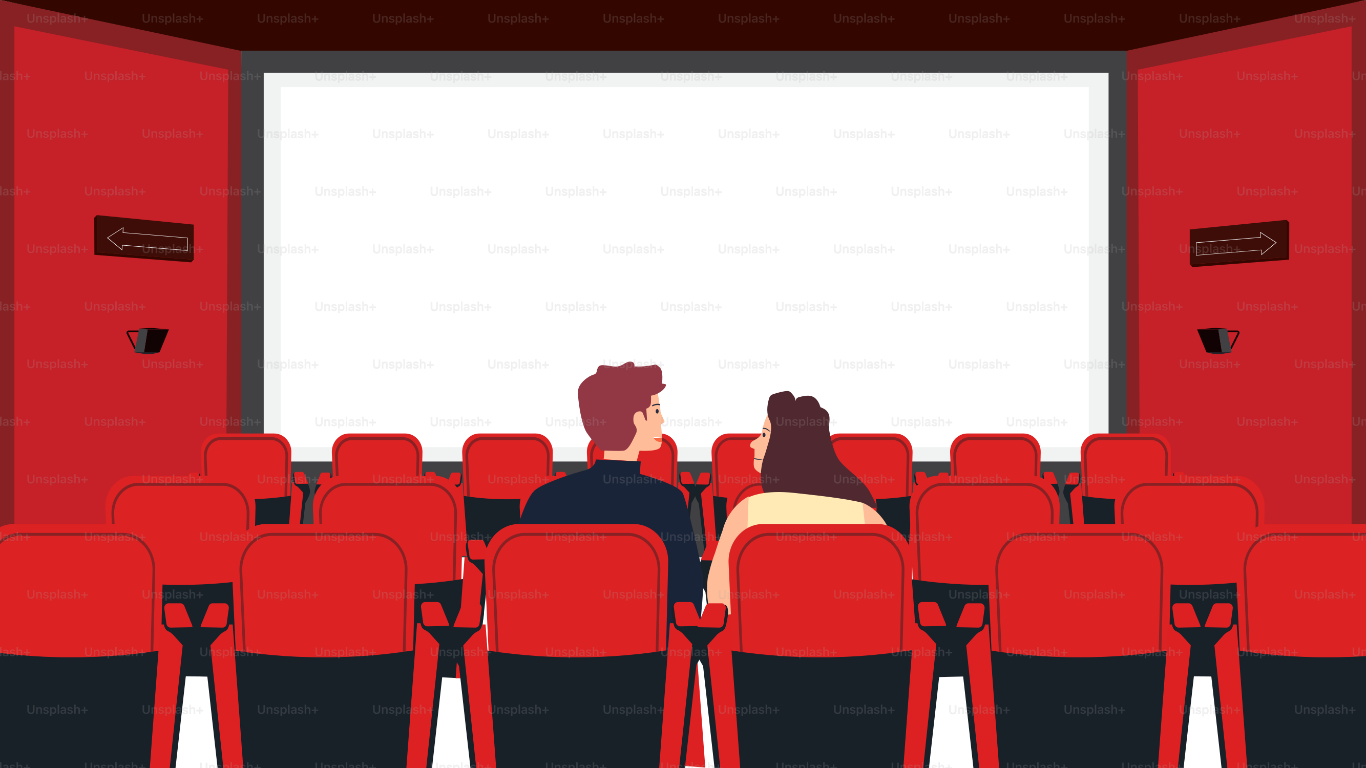 Una sala de cine con sillas rojas y una pantalla blanca