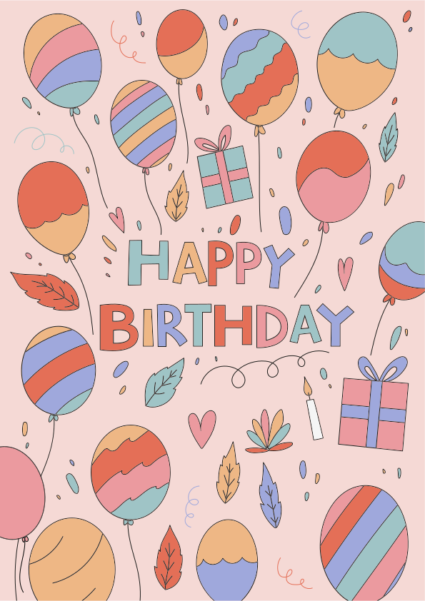 A happy birthday card with balloons and gifts vector – Birthday Image on  Unsplash, image size:3000x4245