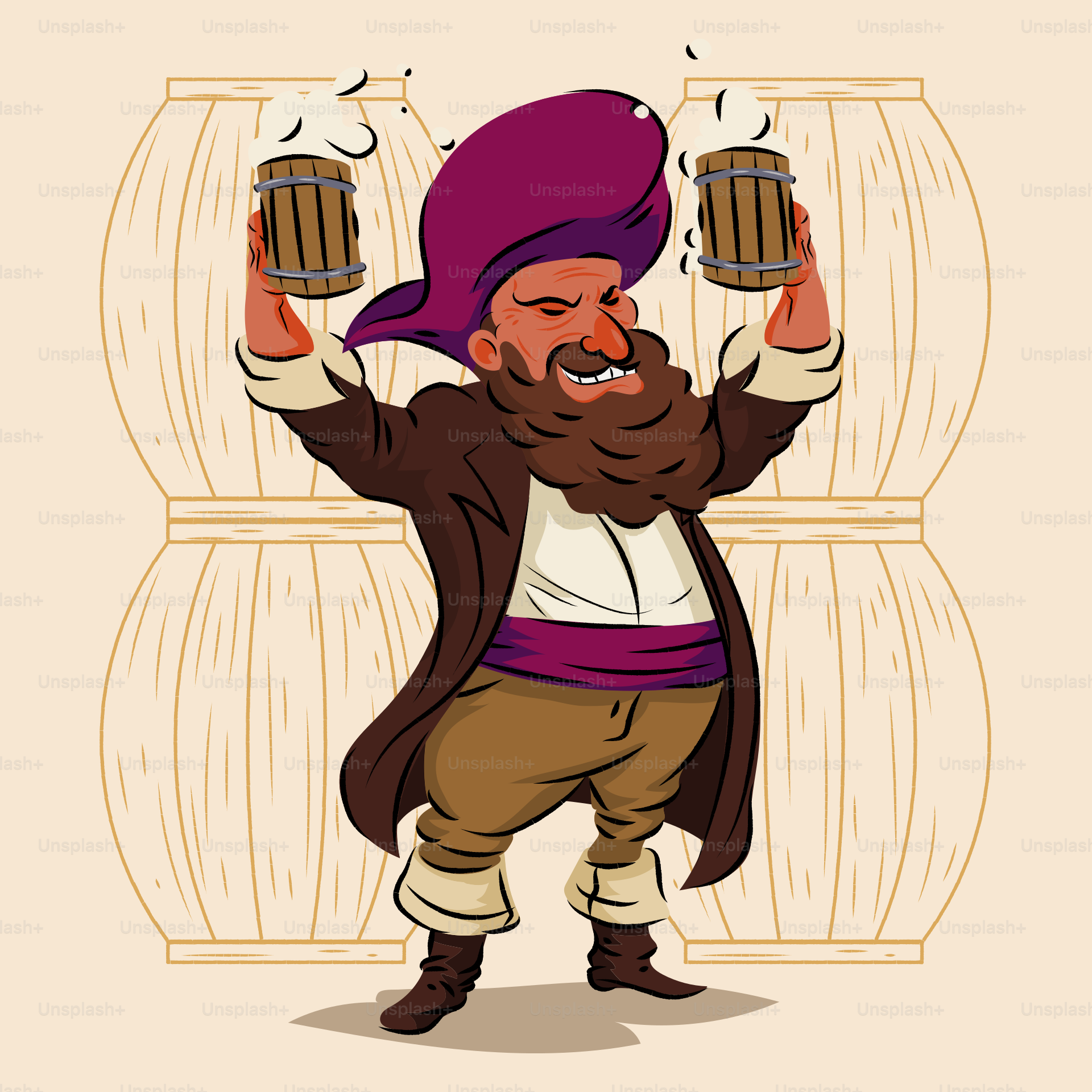 A man with a beard holding two mugs of beer