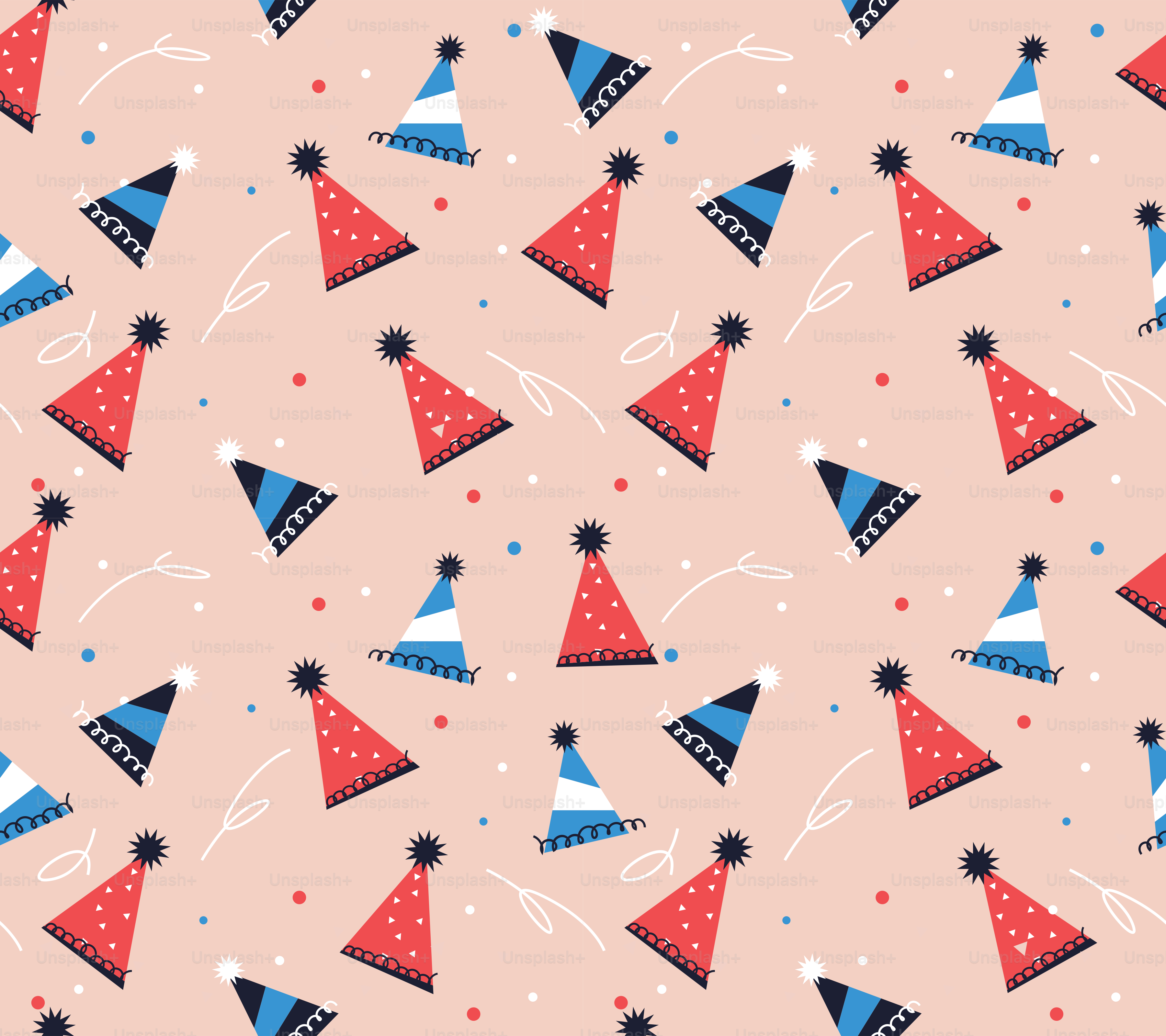 A pink background with blue and red party hats