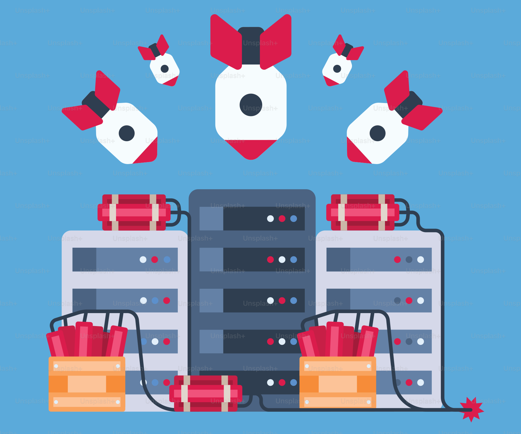 A blue background with a bunch of red bows on top of a server