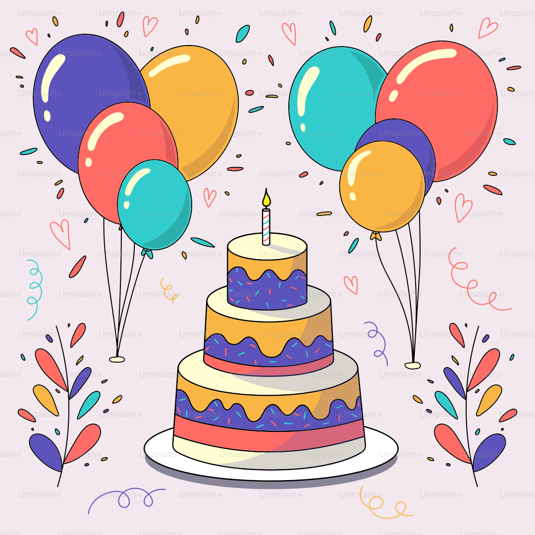 Une carte d’anniversaire avec un gâteau et des ballons