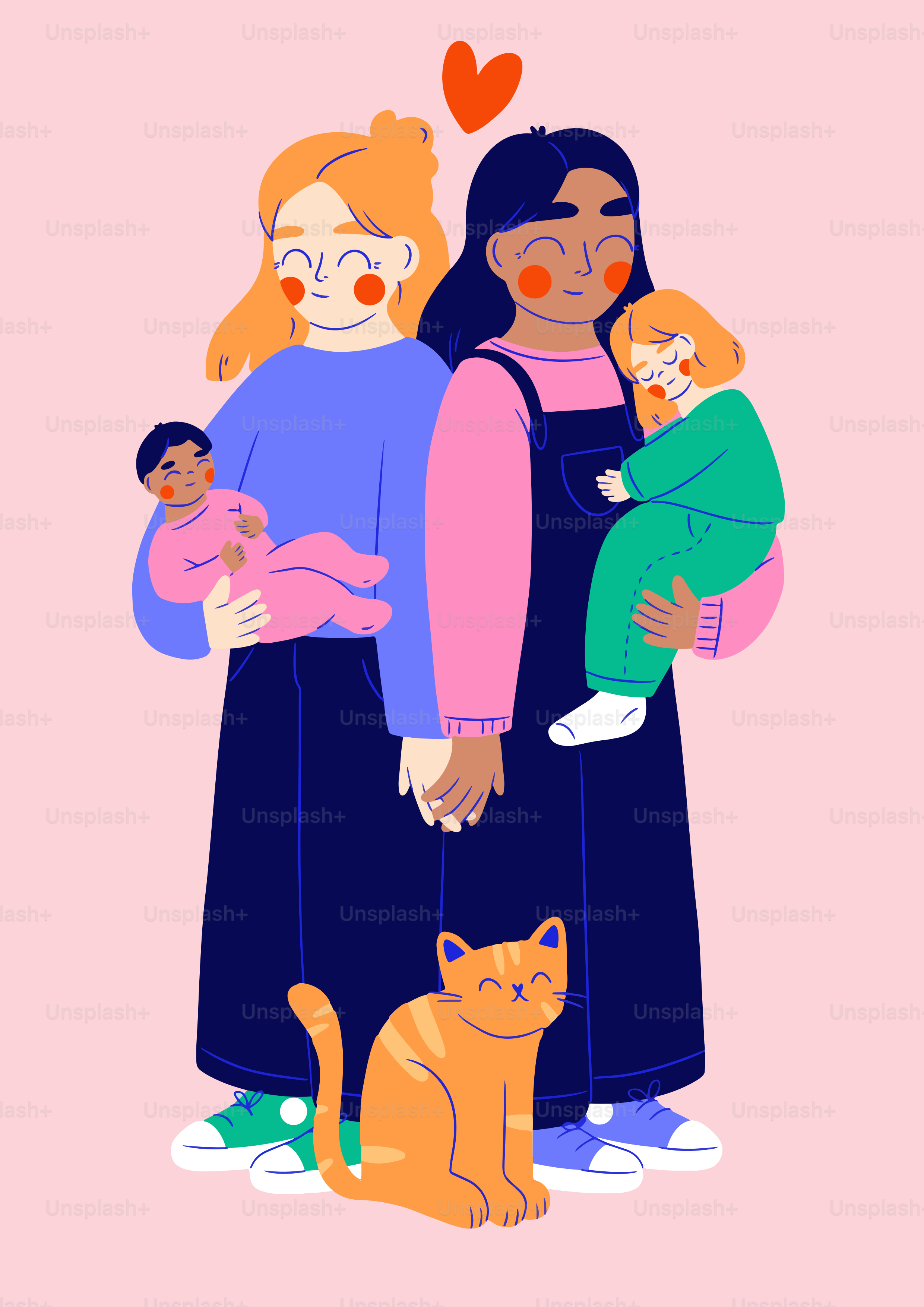 A woman holding a child and a cat