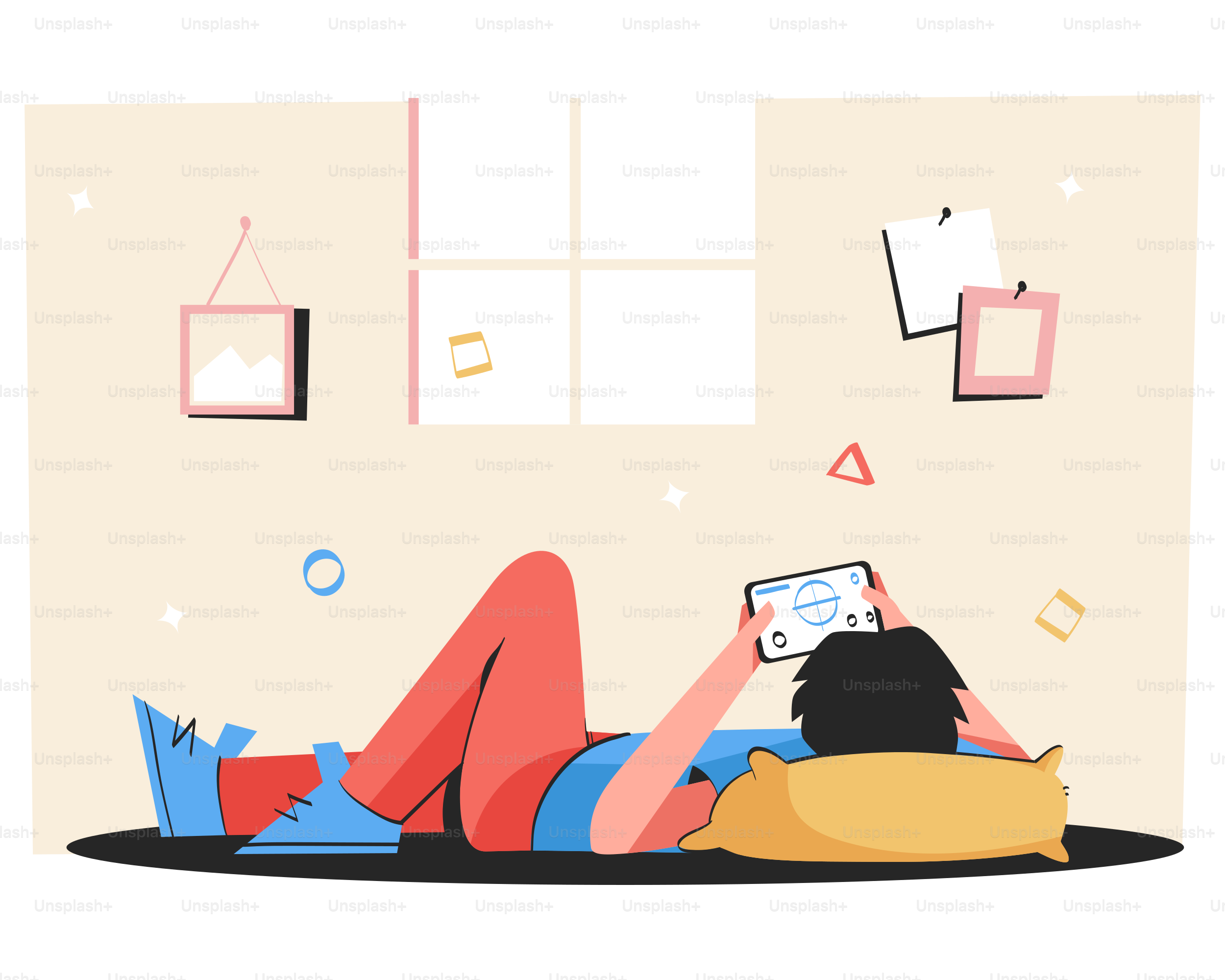 Eine Person, die mit einem Tablet auf dem Boden liegt