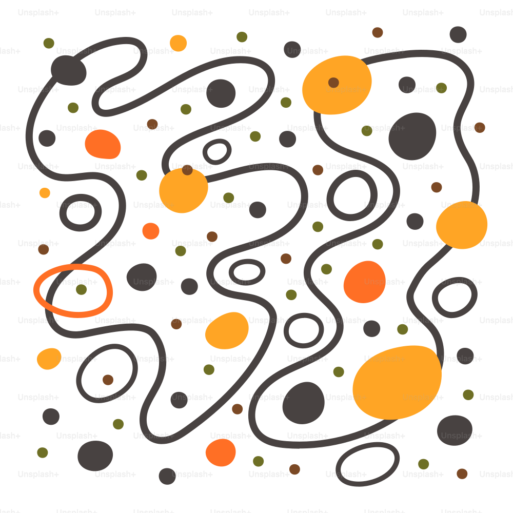 A white background with orange and black circles