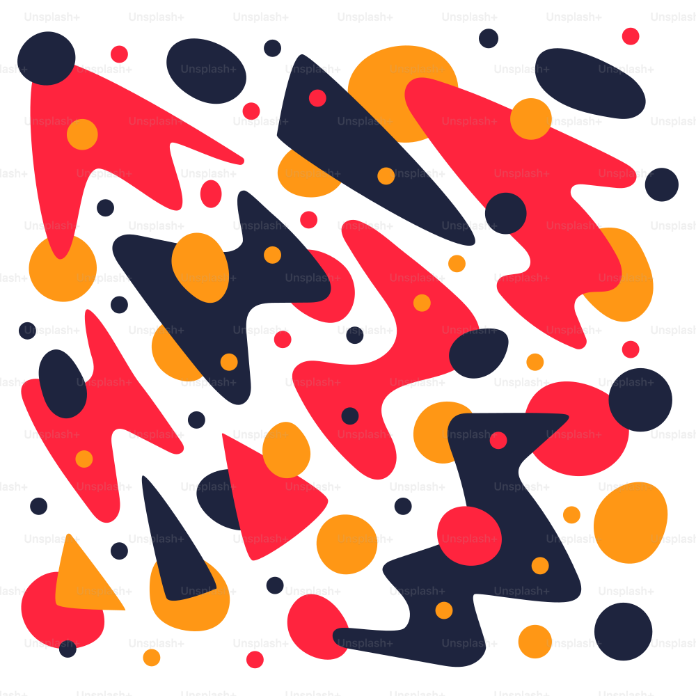 Un fondo blanco con formas rojas, naranjas y negras