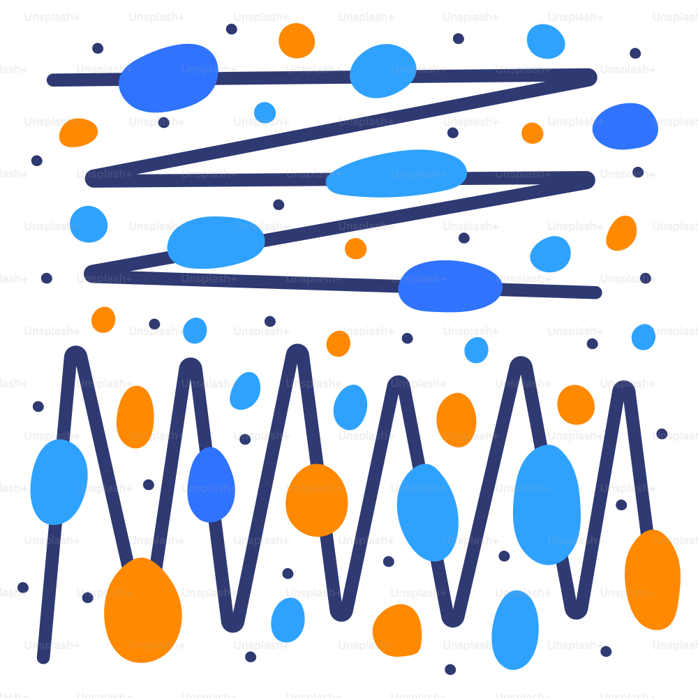 A blue and orange pattern with dots and lines