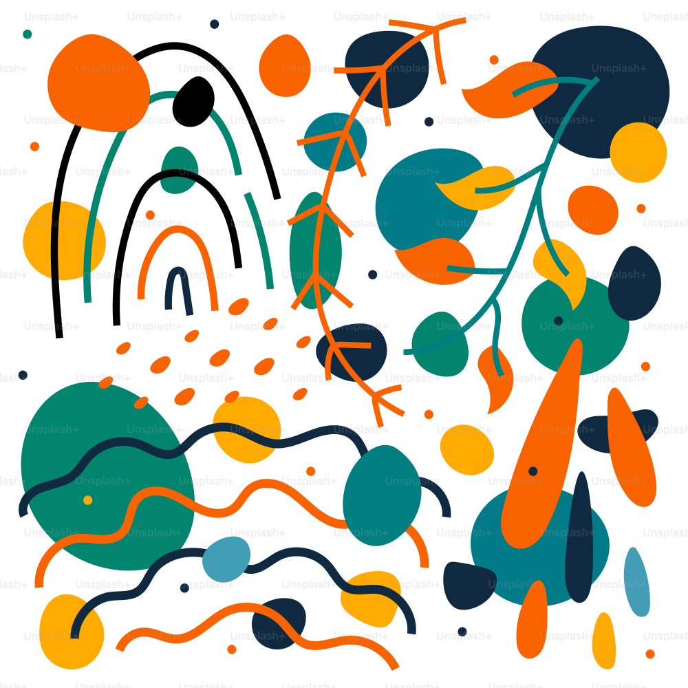 A picture of an abstract painting with oranges, blue, and green