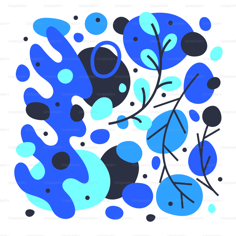 白い背景に青と黒の抽象的なデザイン