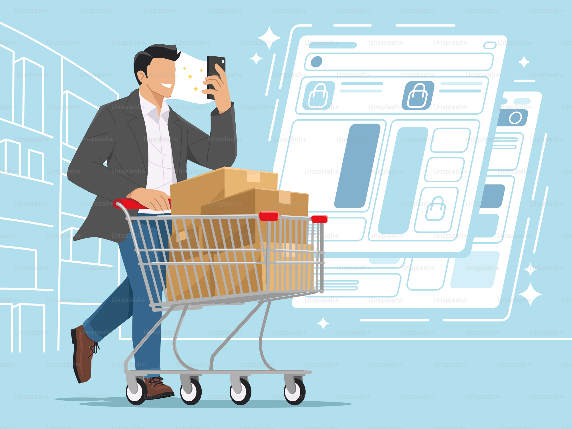 A man pushing a shopping cart with boxes in it