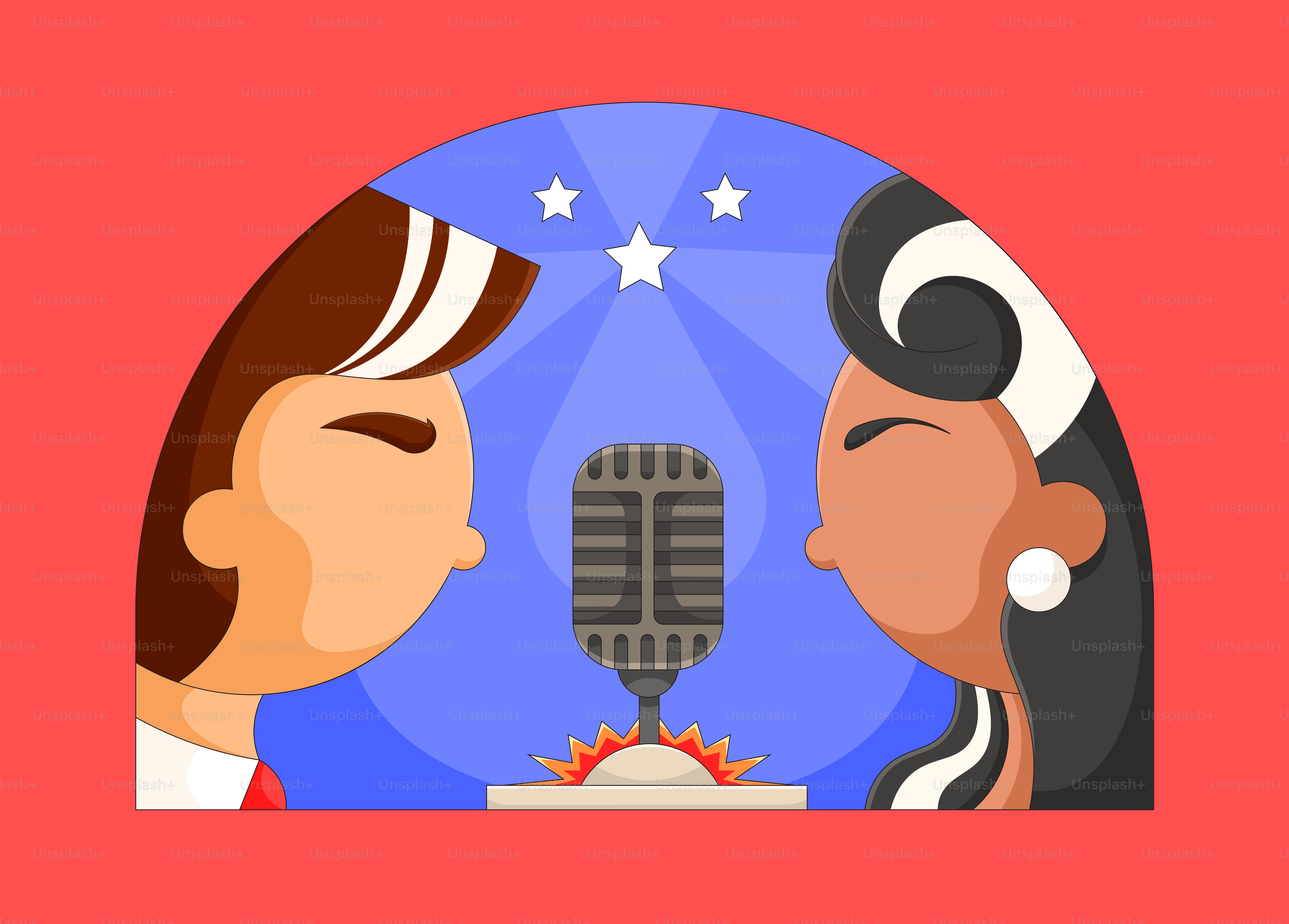 A man and a woman kissing in front of a microphone