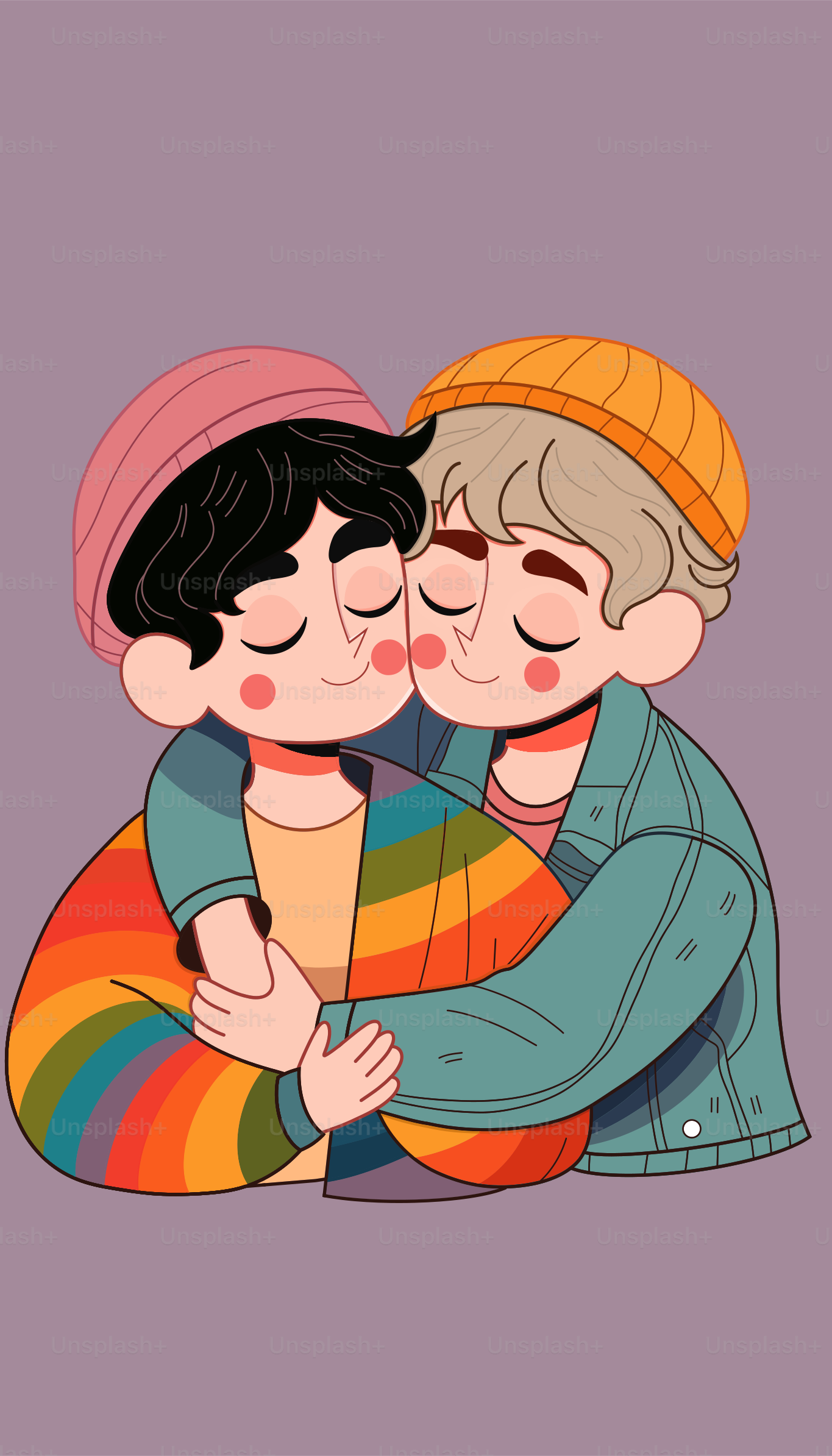 A couple of kids hugging each other on a purple background