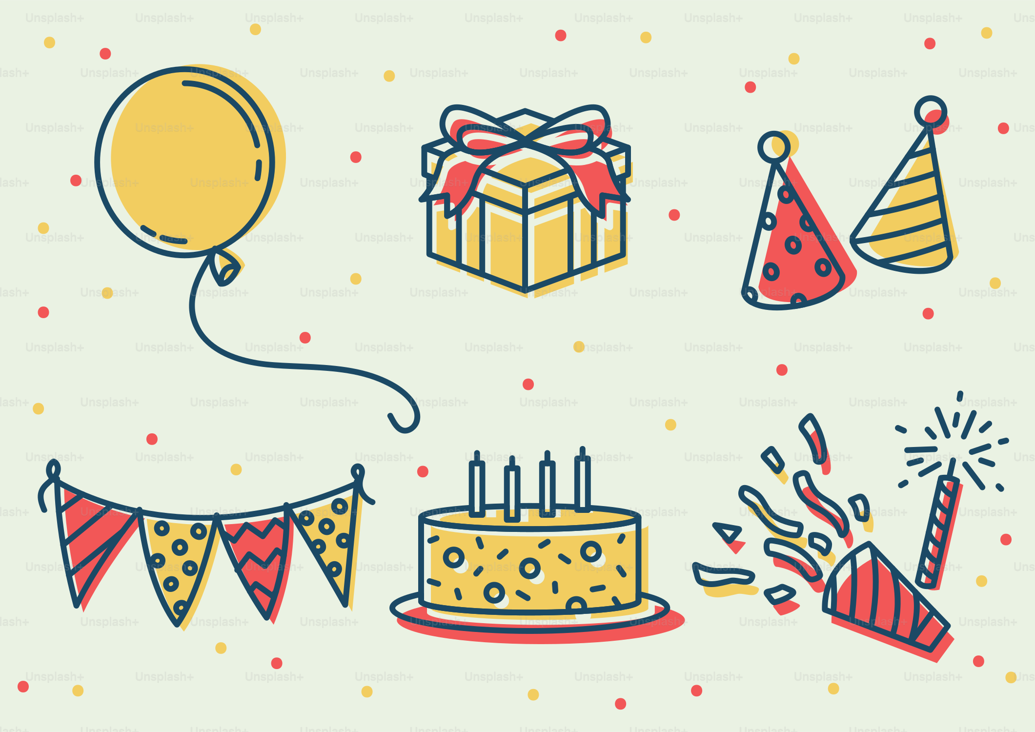 Um cartão de aniversário com bolo e balões