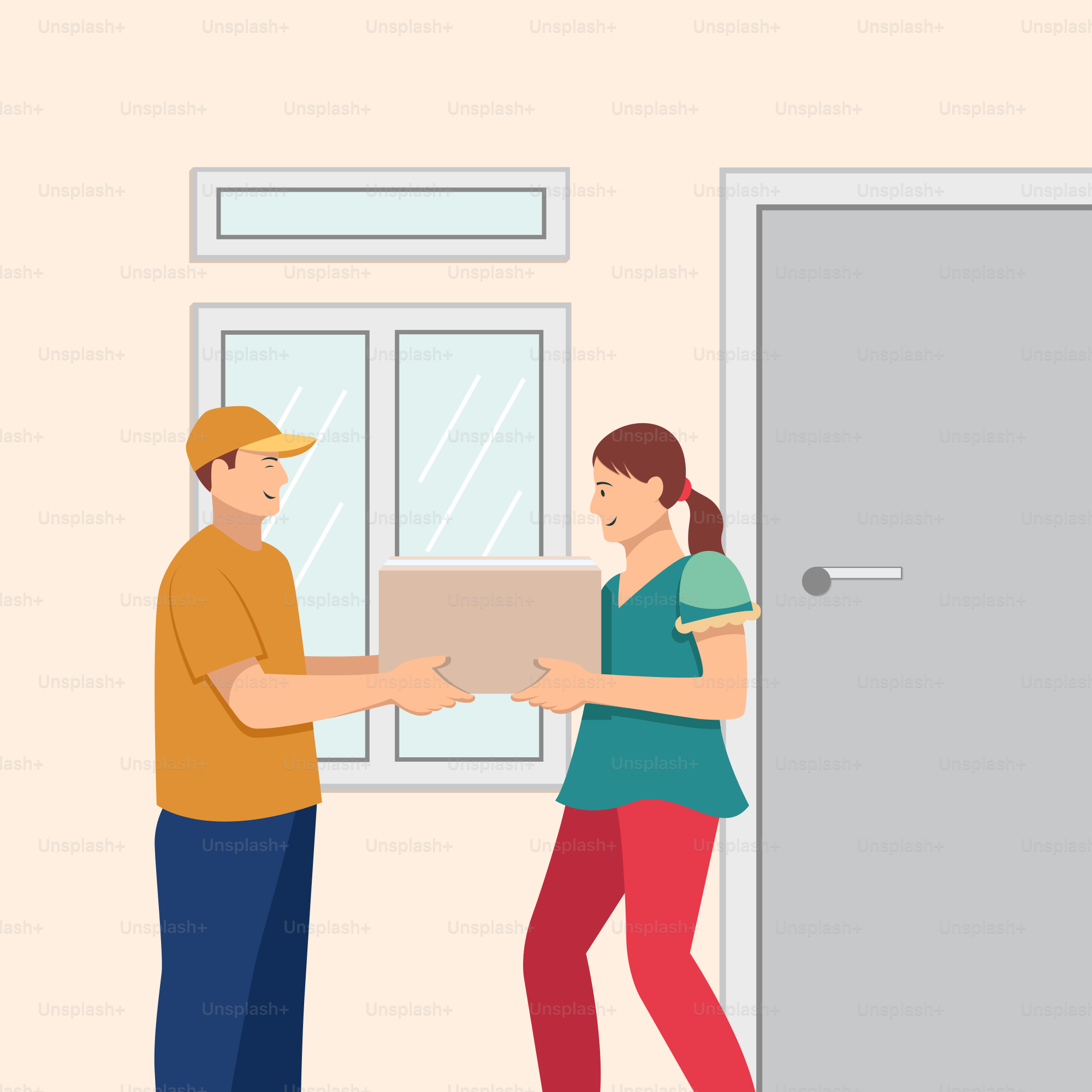 Un hombre entregando una caja a una mujer frente a una puerta