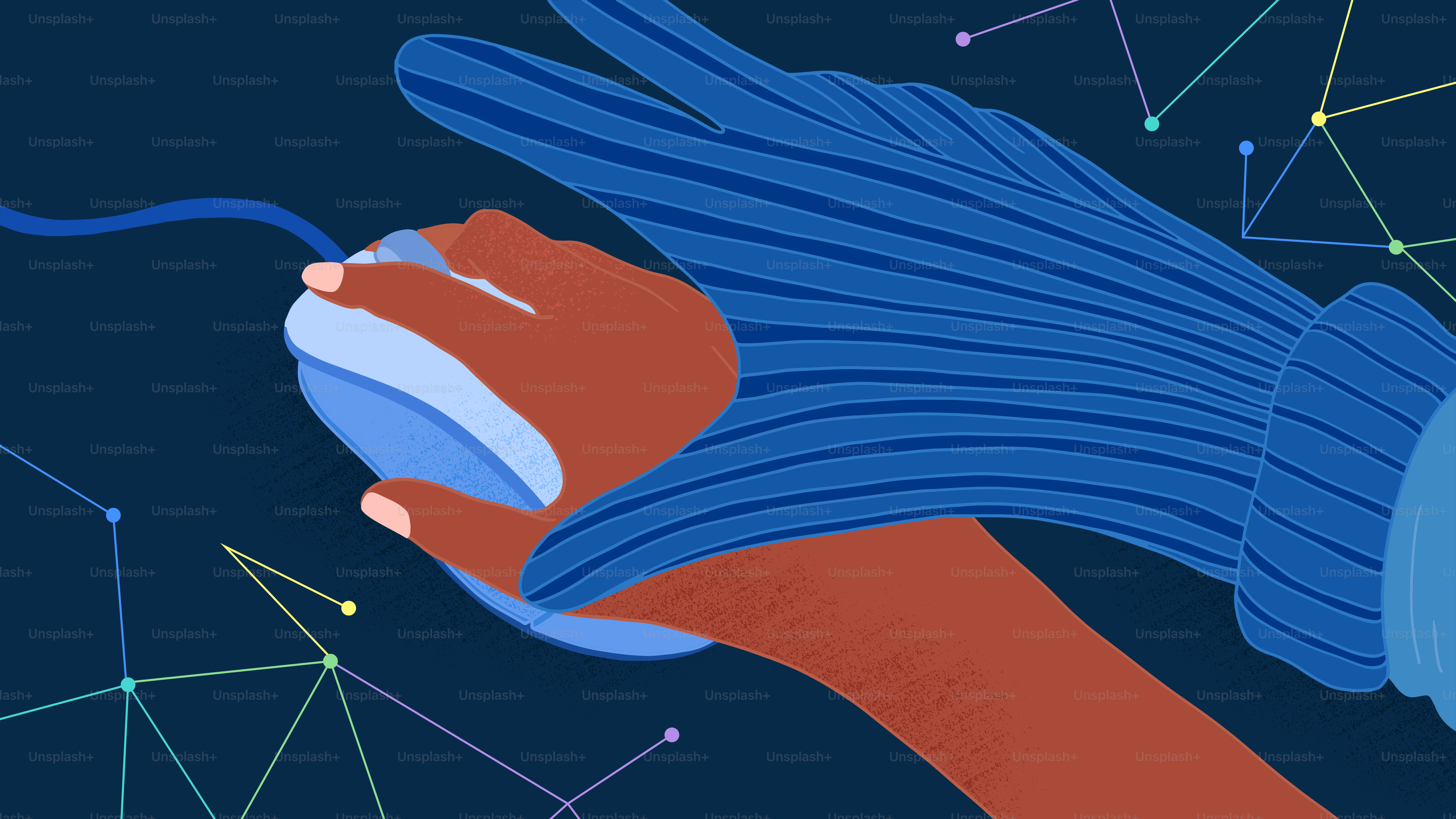 Una donna dai capelli blu si tiene la testa tra le mani