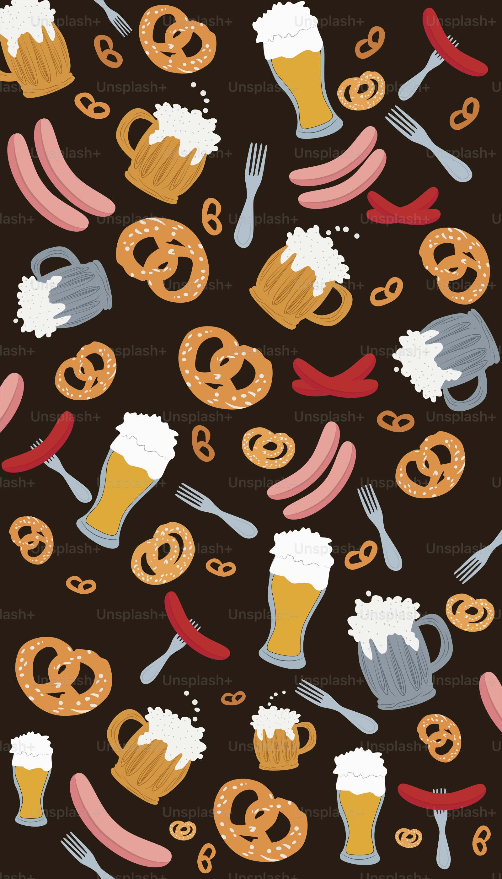 A pattern of beer and pretzels on a black background