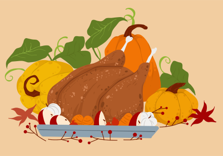 A picture of a turkey in a bowl surrounded by pumpkins and gourds