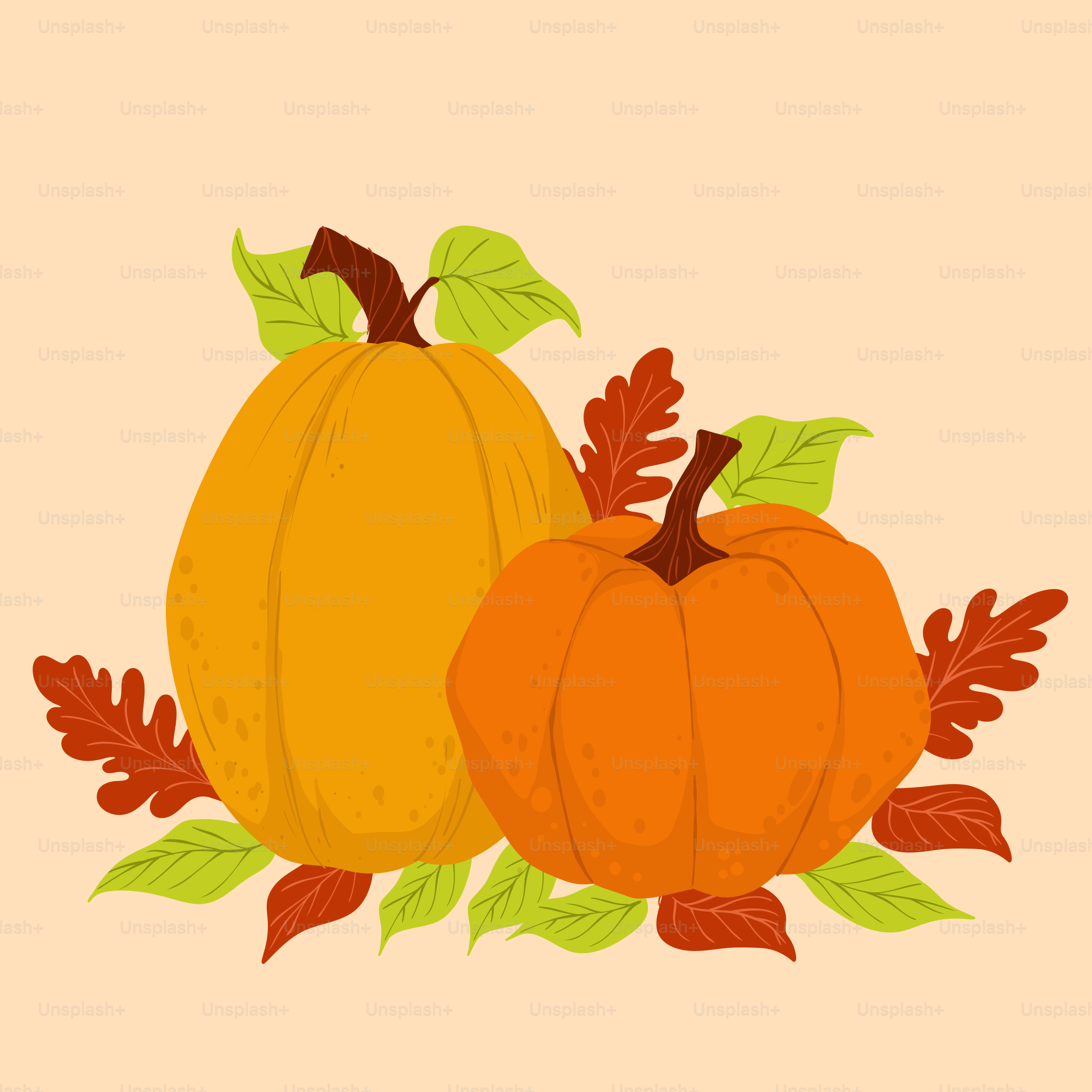 A couple of pumpkins sitting on top of leaves