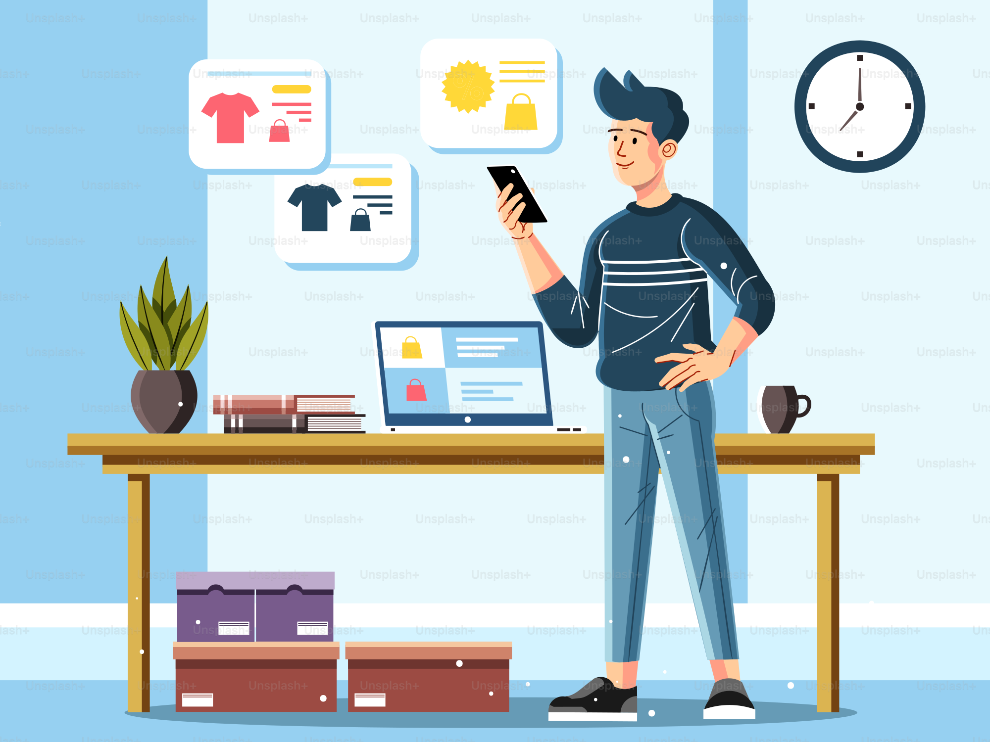 A man standing in front of a desk holding a cell phone