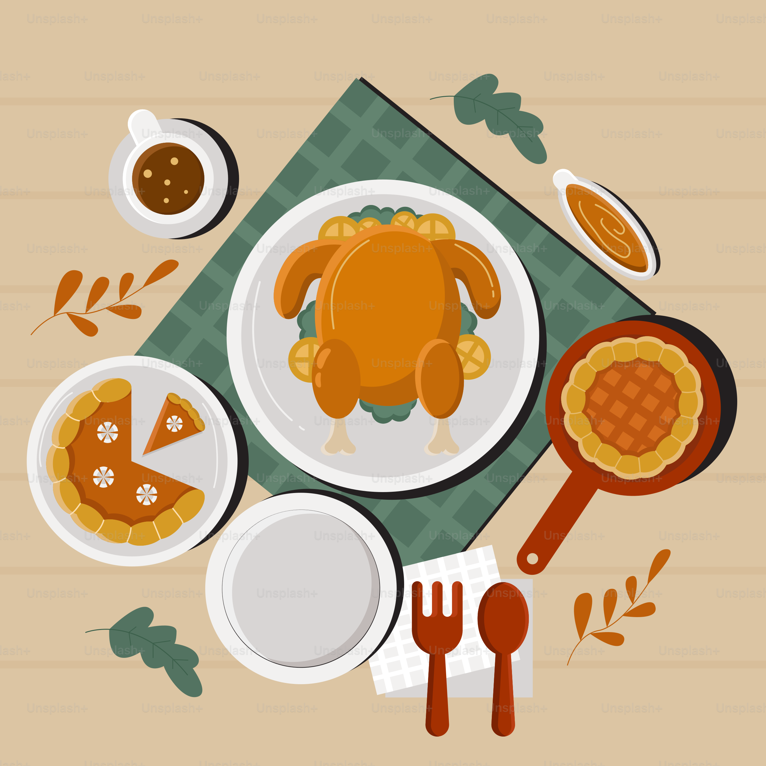 Une dinde posée sur une table à côté d’une assiette de nourriture