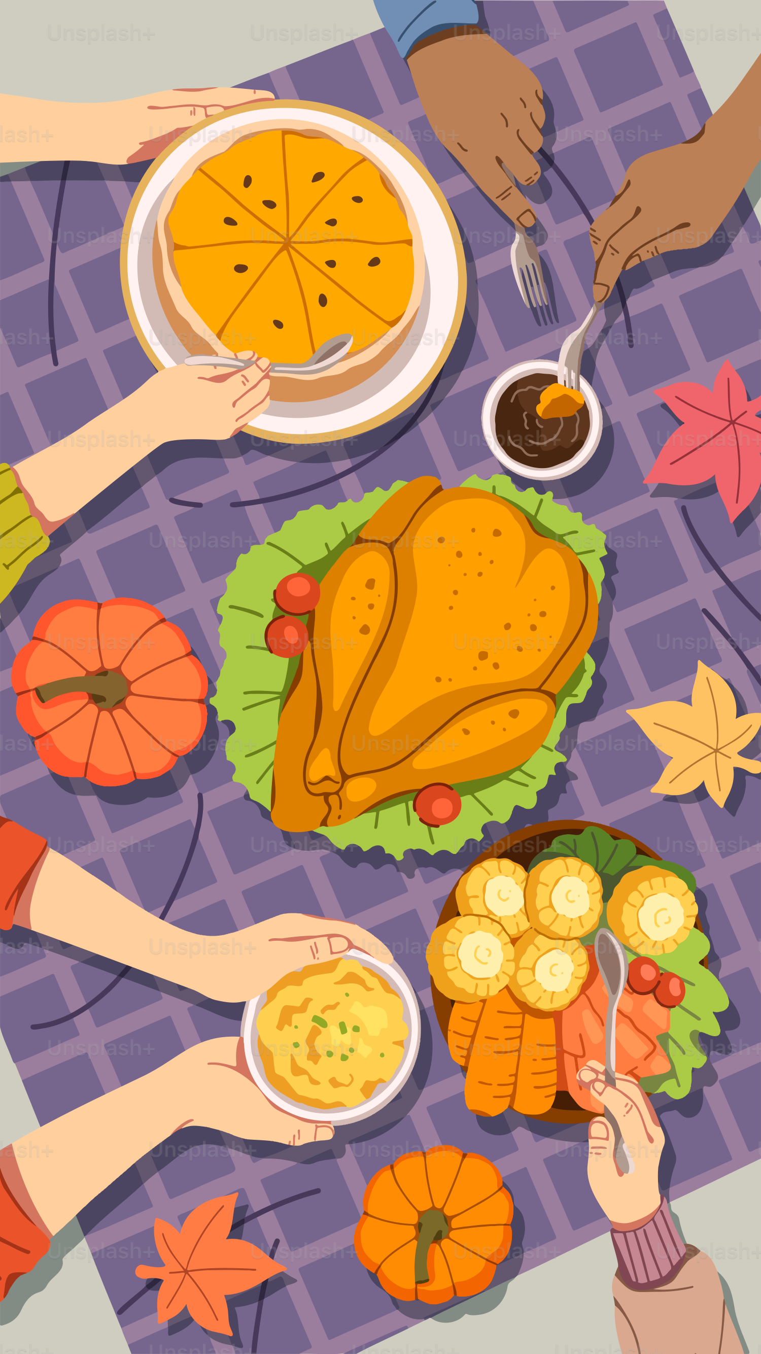 A table with a turkey and other foods on it
