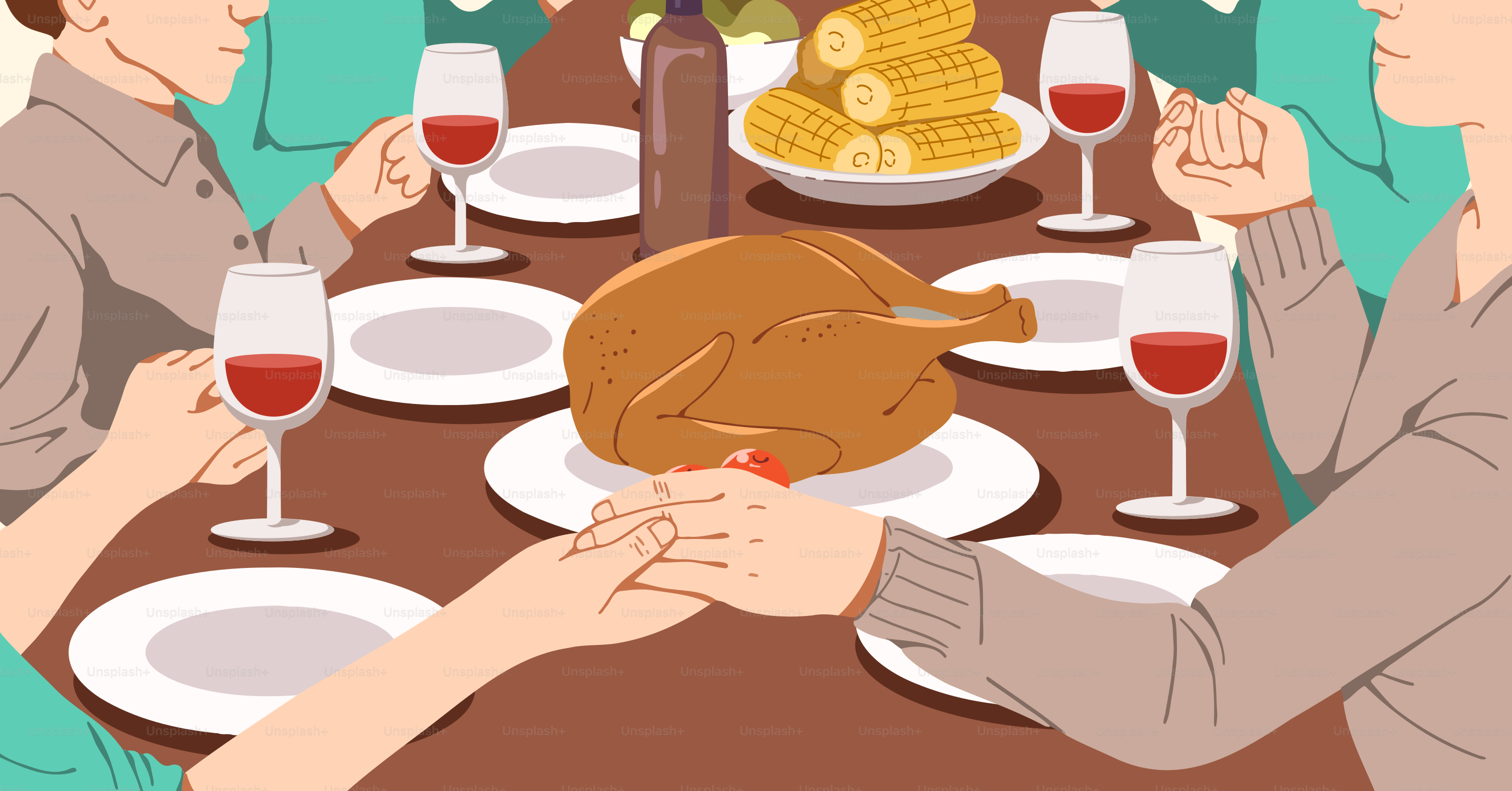 Un grupo de personas sentadas alrededor de una mesa con un pavo encima