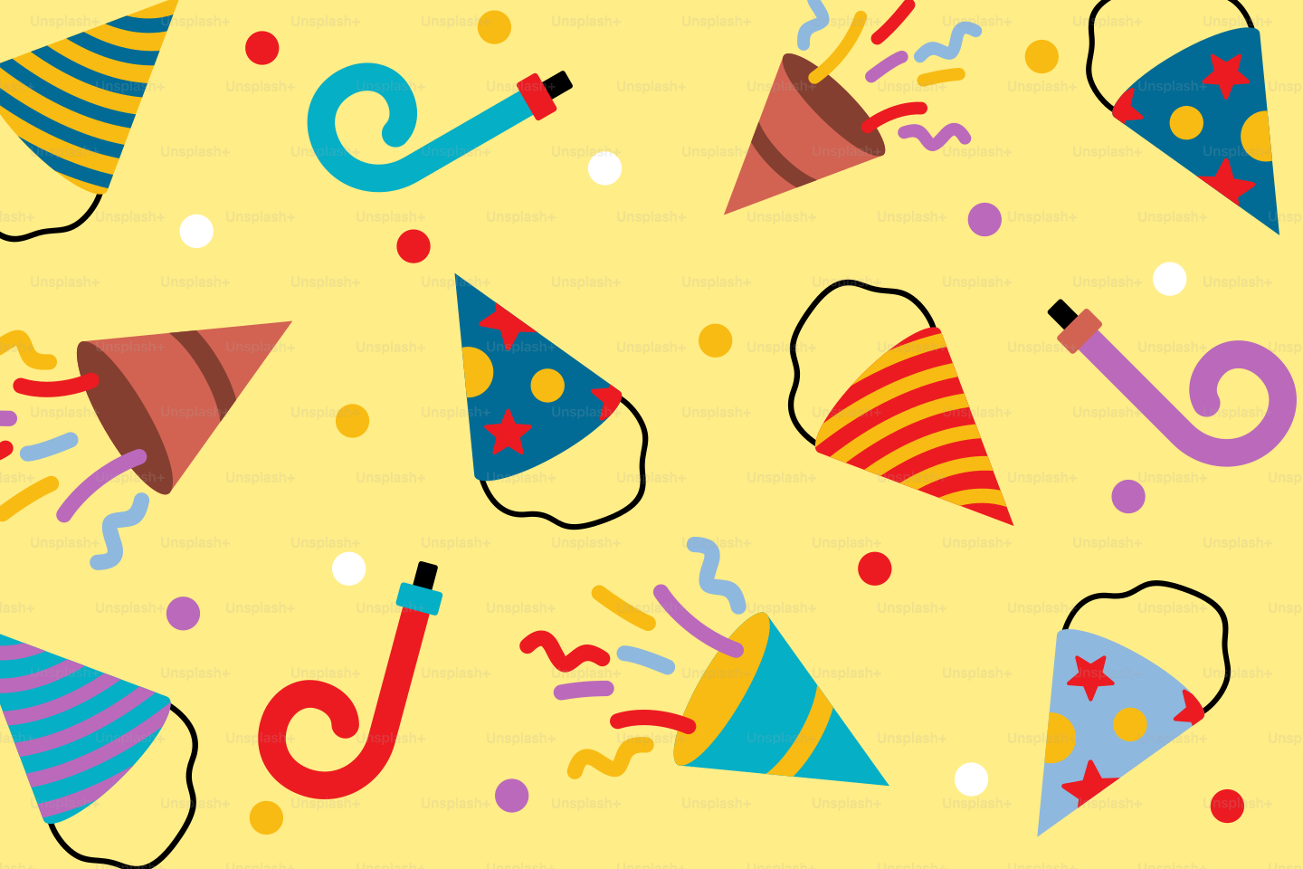 Ein Muster aus Partyhüten und Girlanden auf gelbem Grund