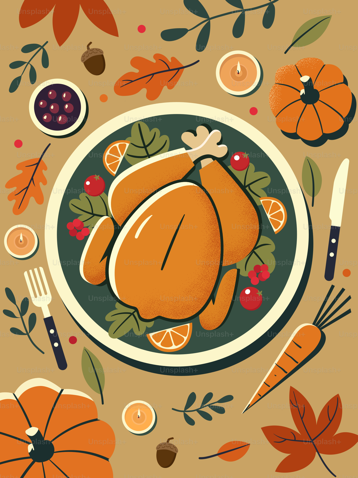 A plate with a turkey on it surrounded by autumn leaves