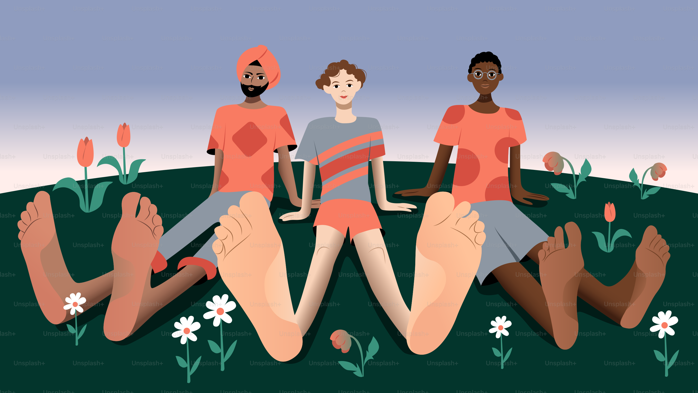 Eine Gruppe von Menschen, die auf einer grünen Wiese sitzen