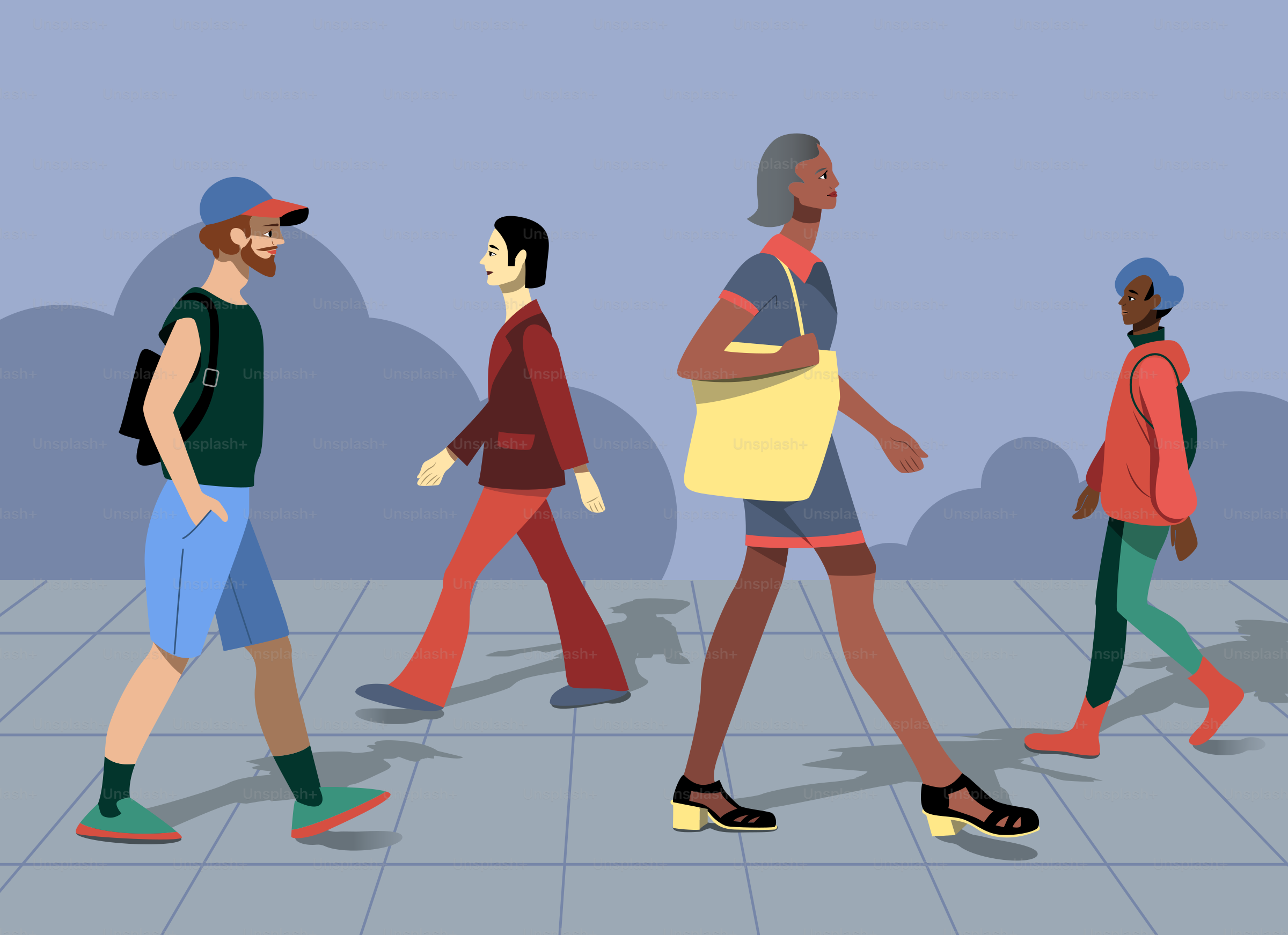 A group of people walking down a street