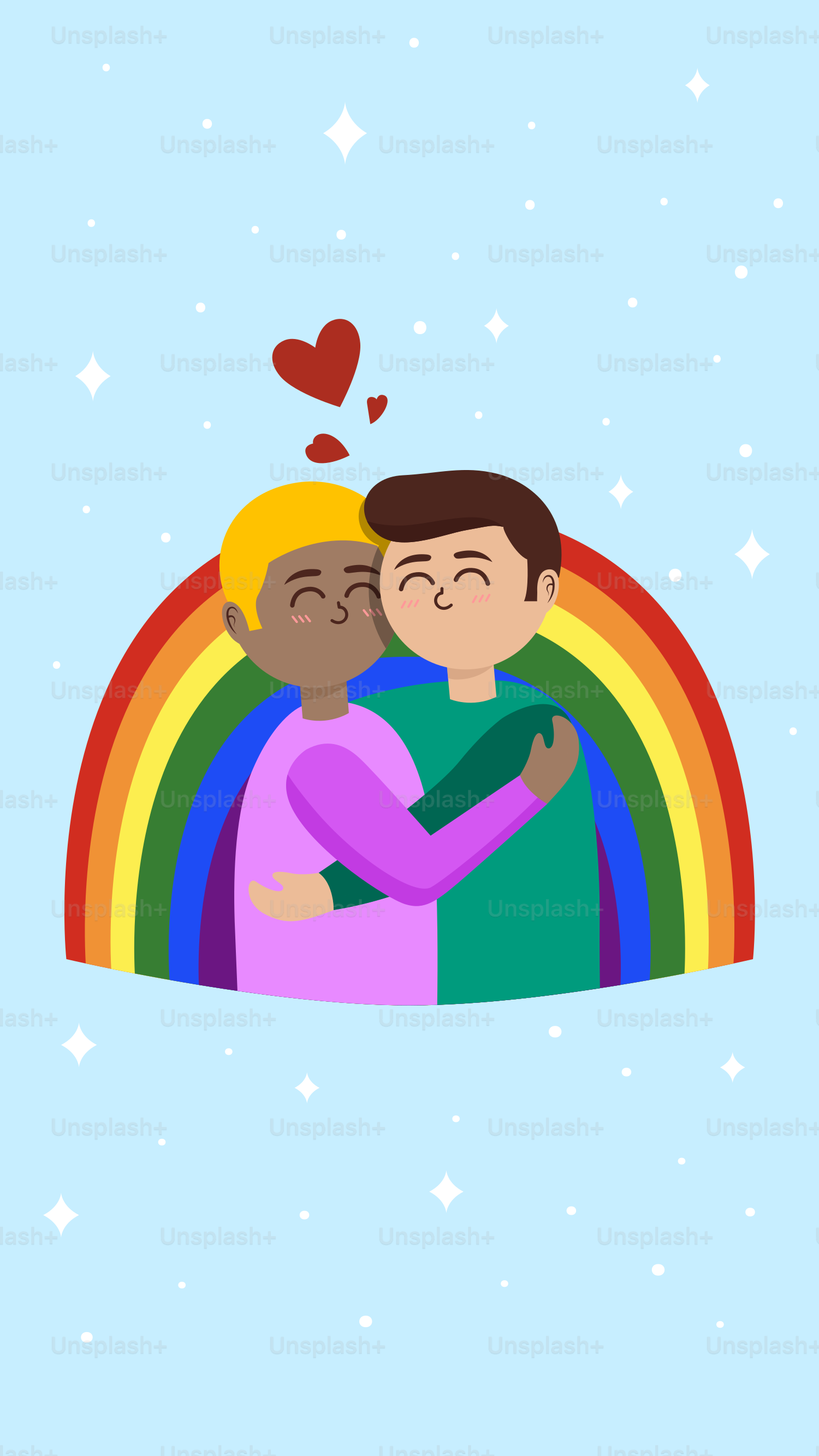 A couple hugging each other in front of a rainbow