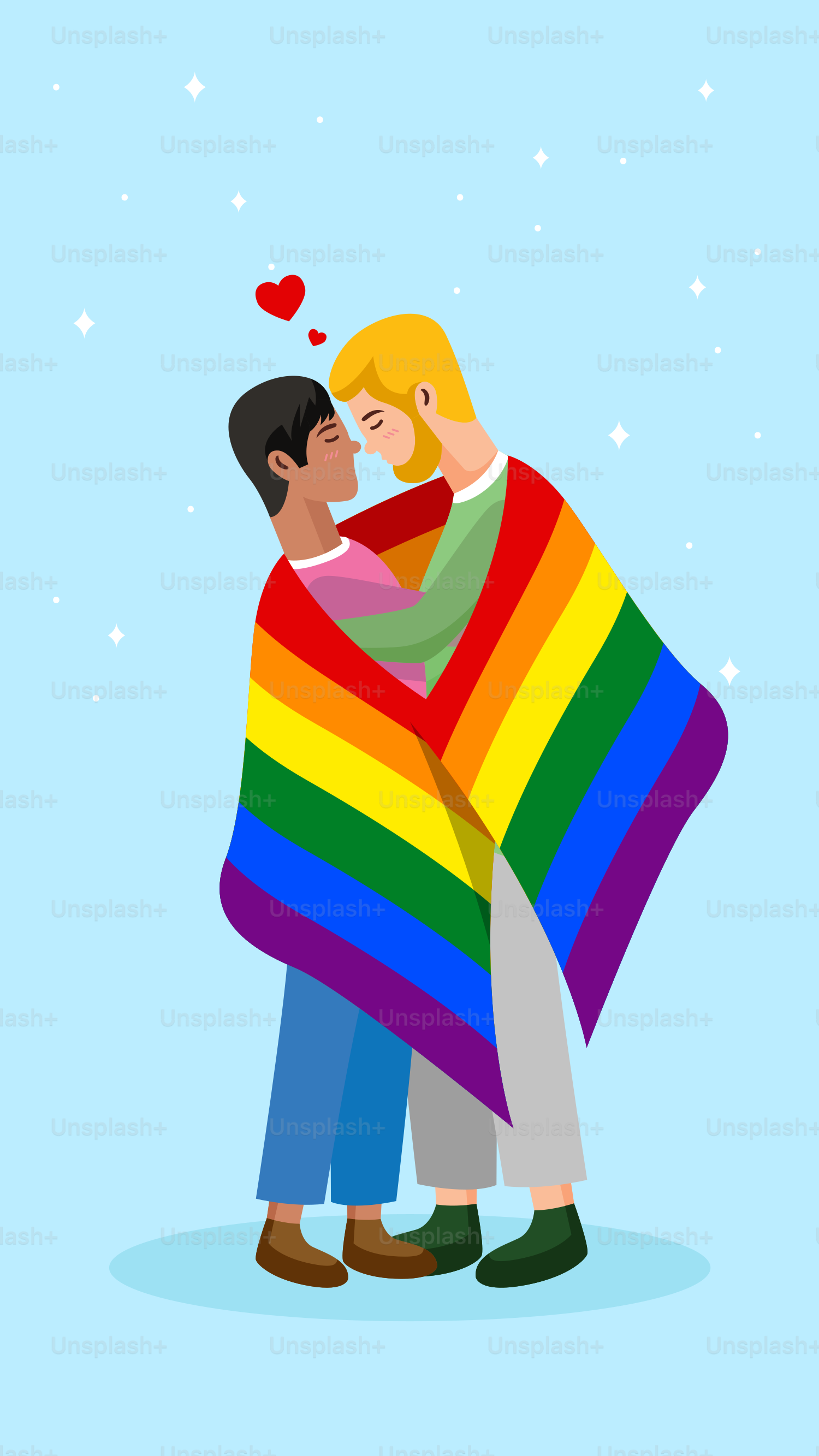 A man hugging a woman with a rainbow blanket