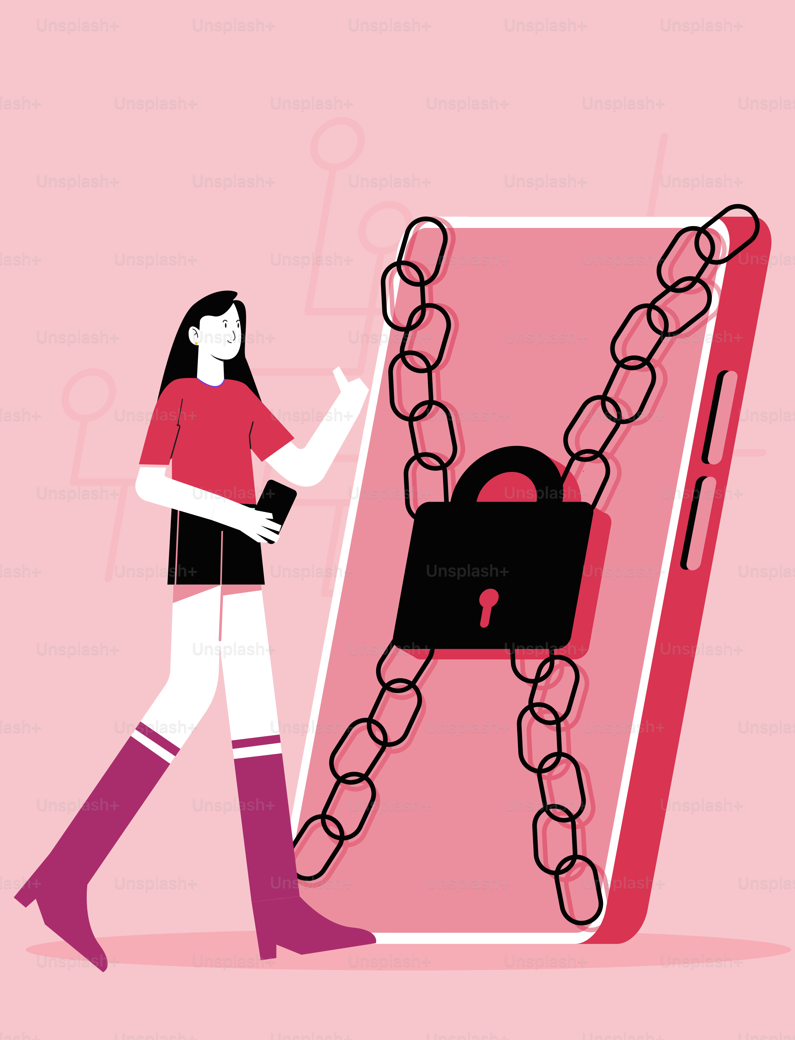 A woman walking past a phone with a lock on it