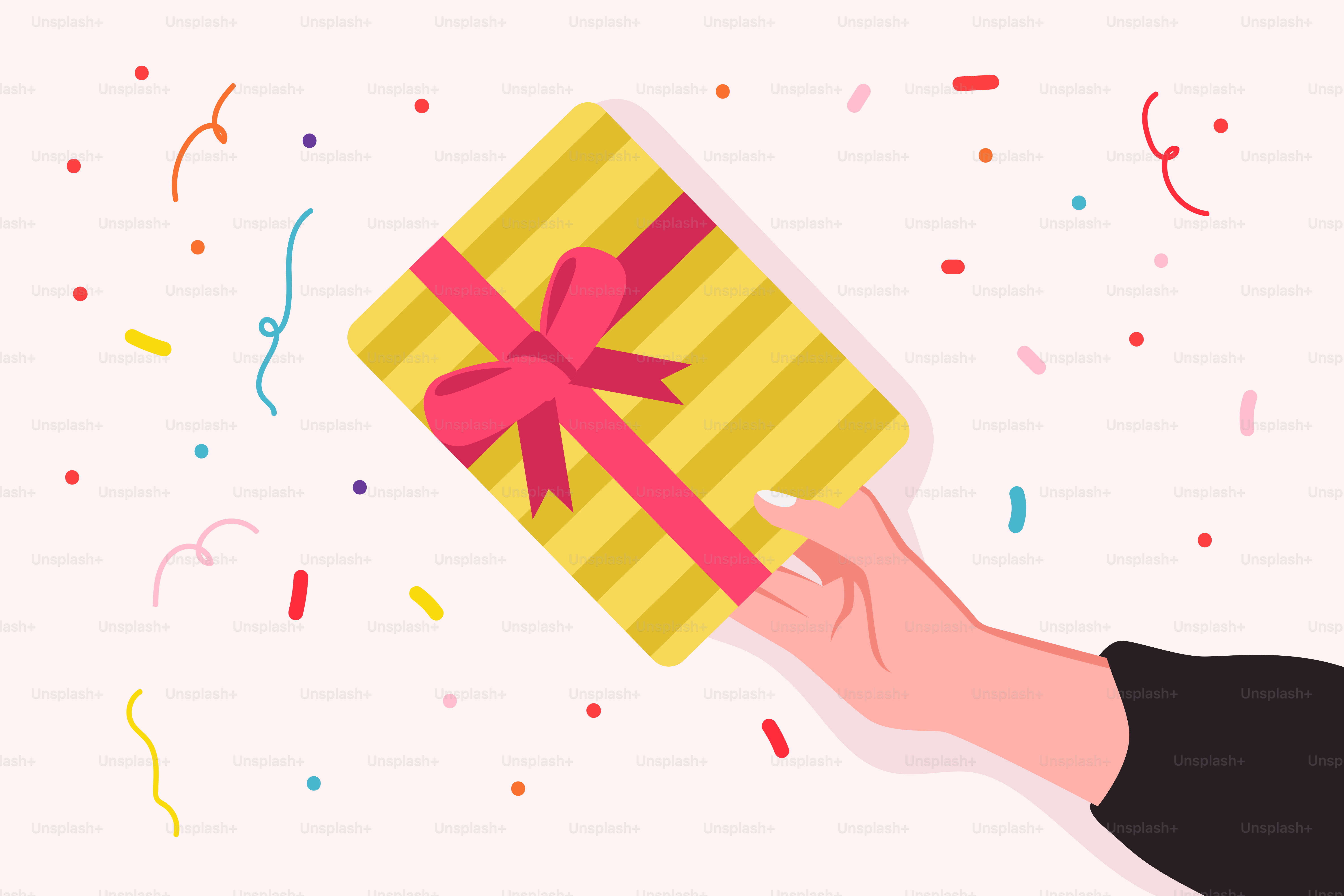 A mão de uma pessoa segurando uma caixa de presente amarela com um laço vermelho