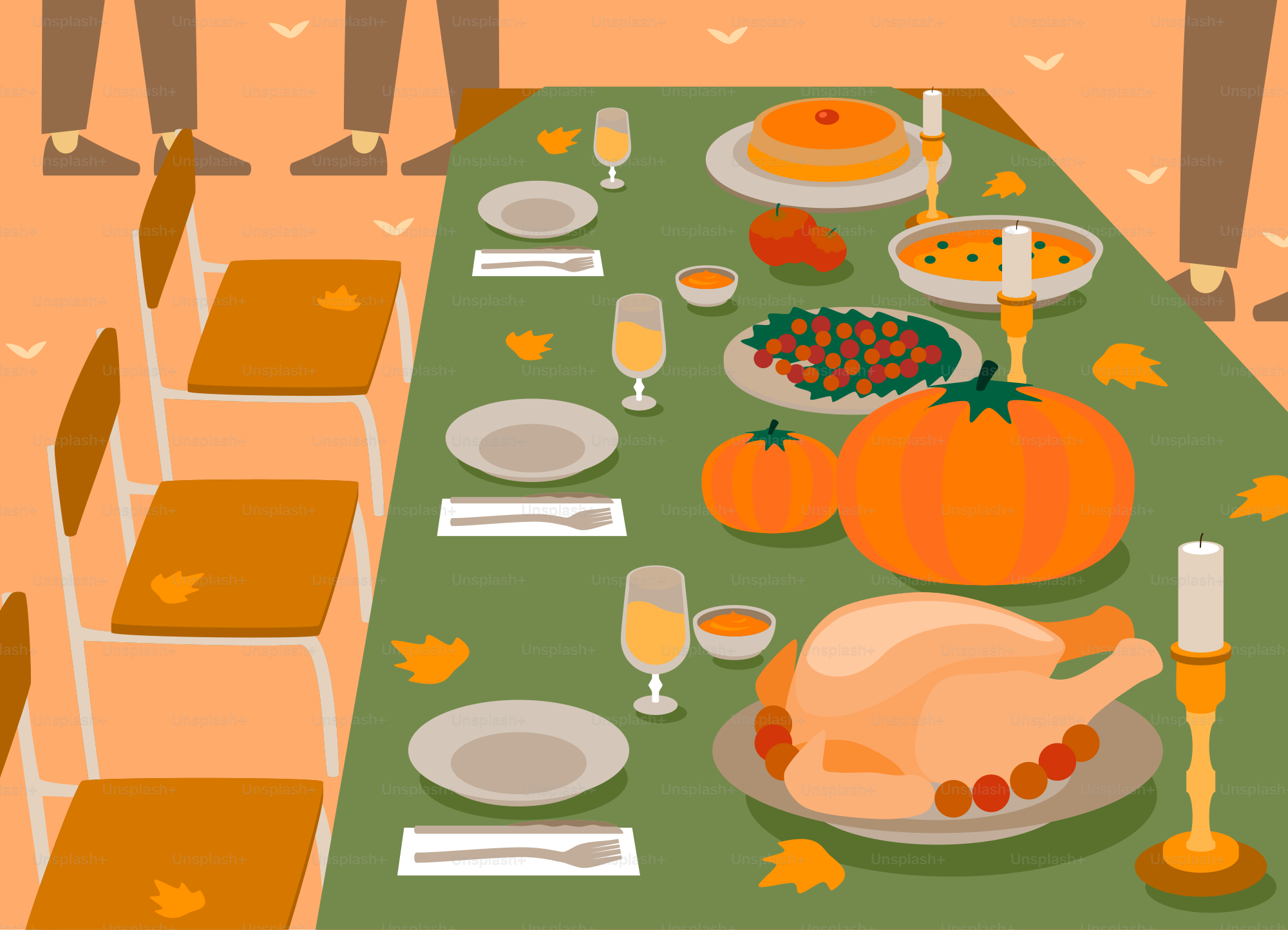 Ein gedeckter Tisch für ein Thanksgiving-Dinner mit einem Truthahn darauf