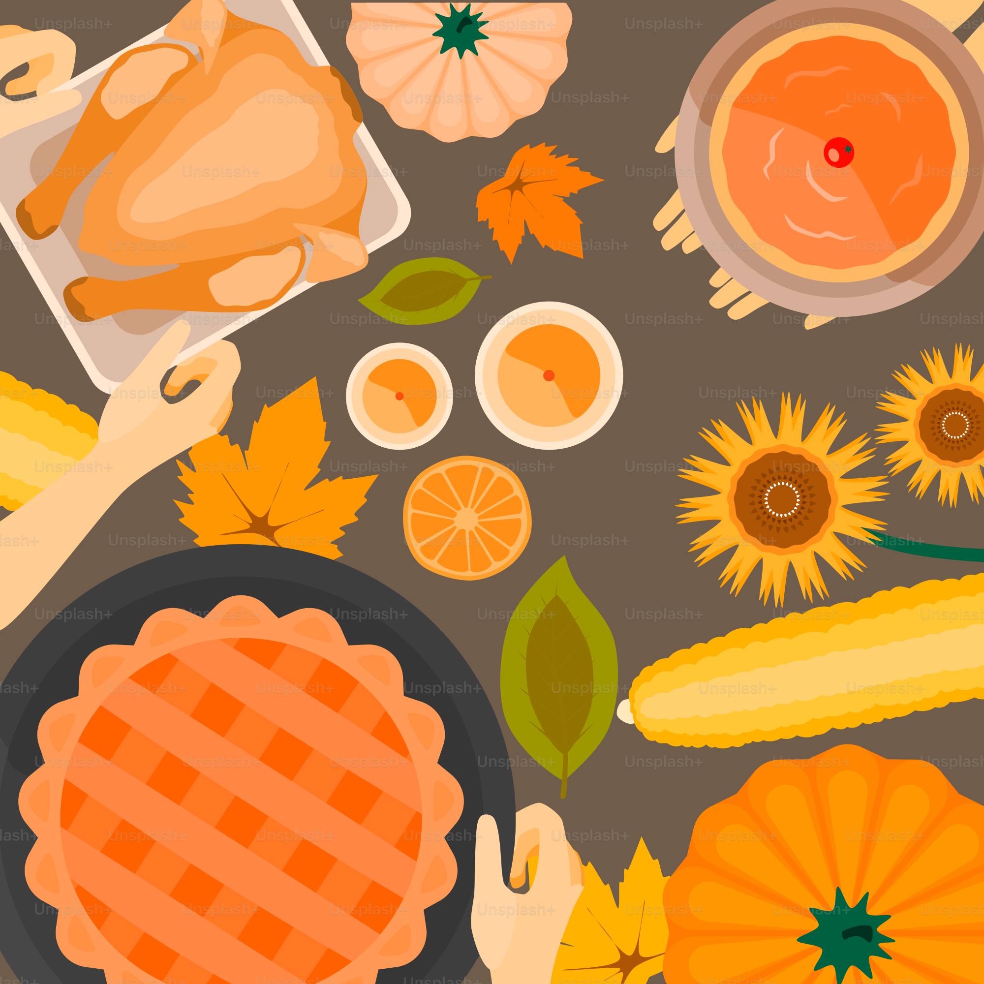 A thanksgiving dinner with turkey, corn, squash, and squash