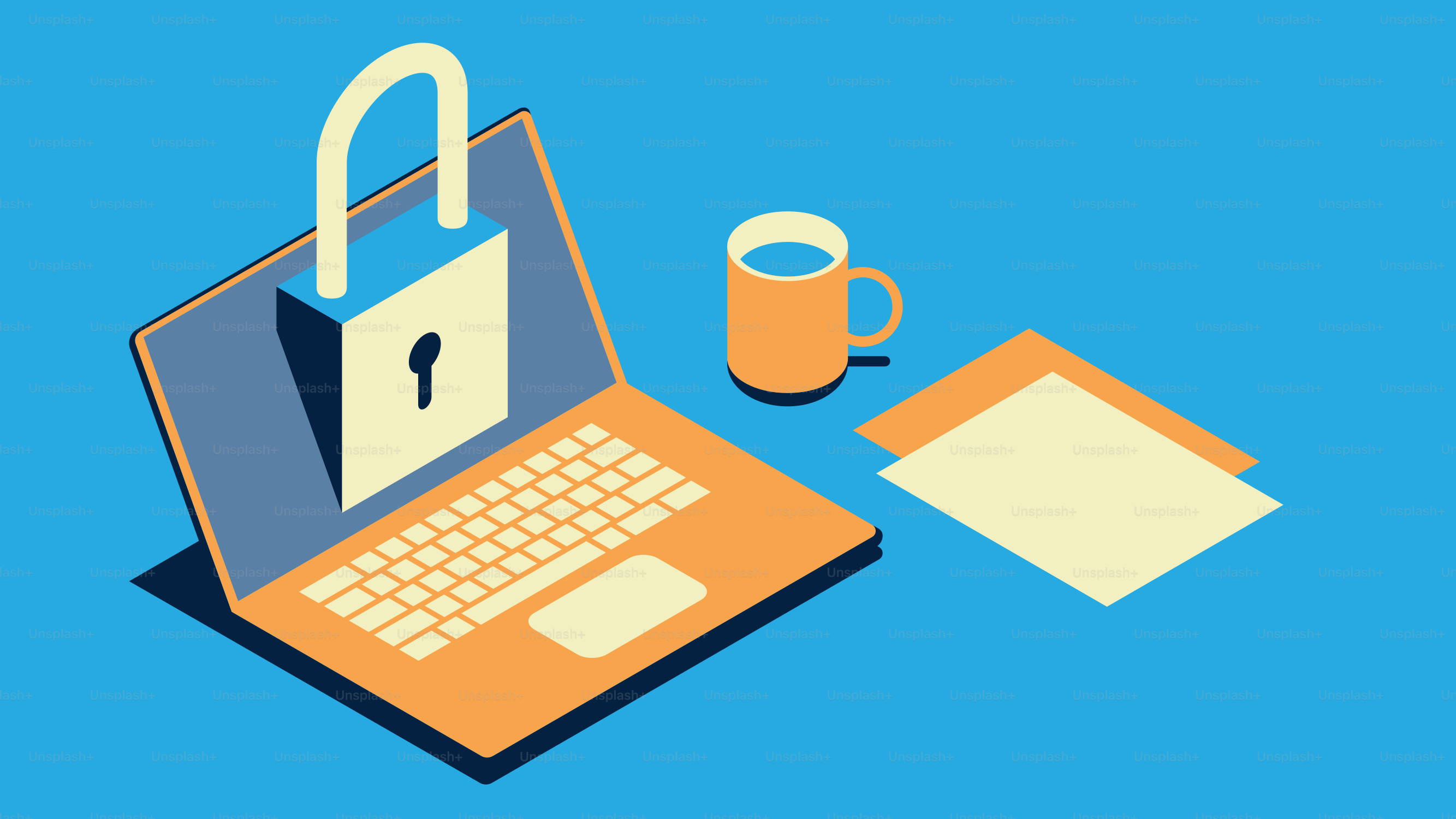 A laptop with a lock on the screen next to a cup of coffee