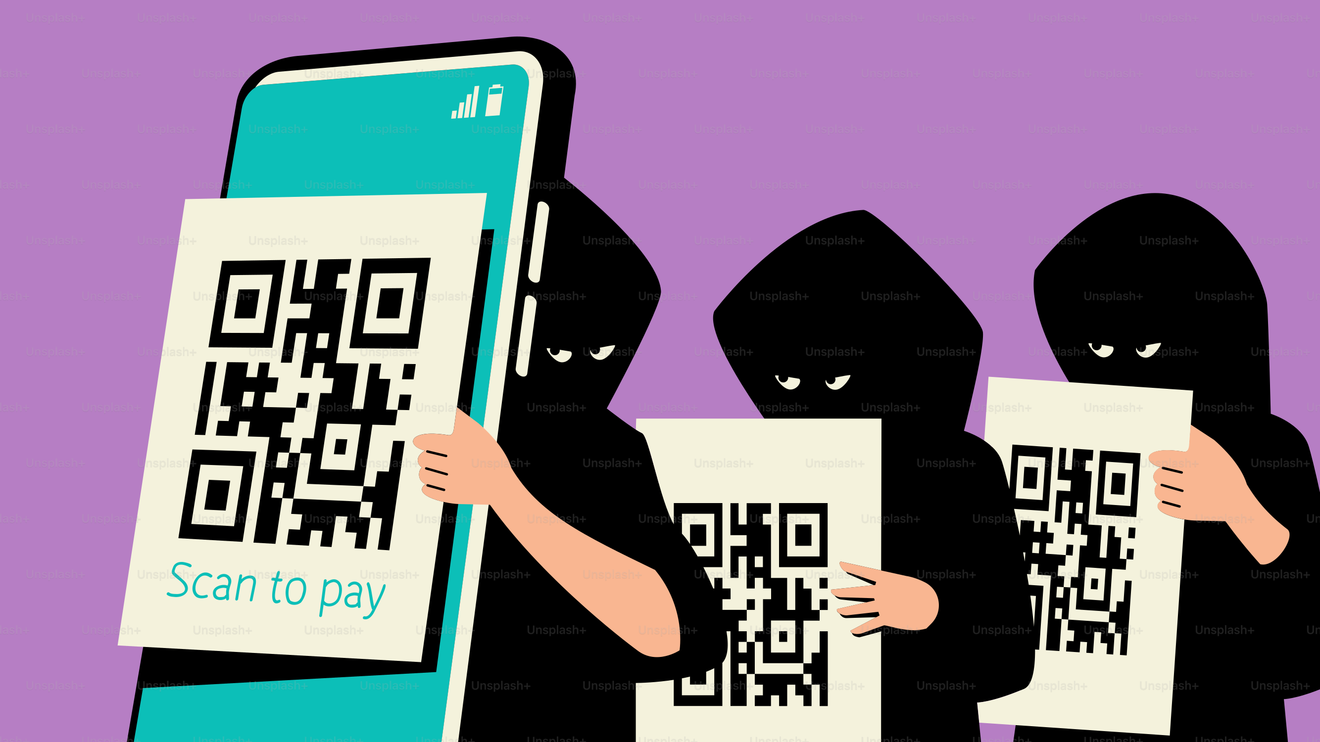 A group of people holding up a cell phone with a qr code on it