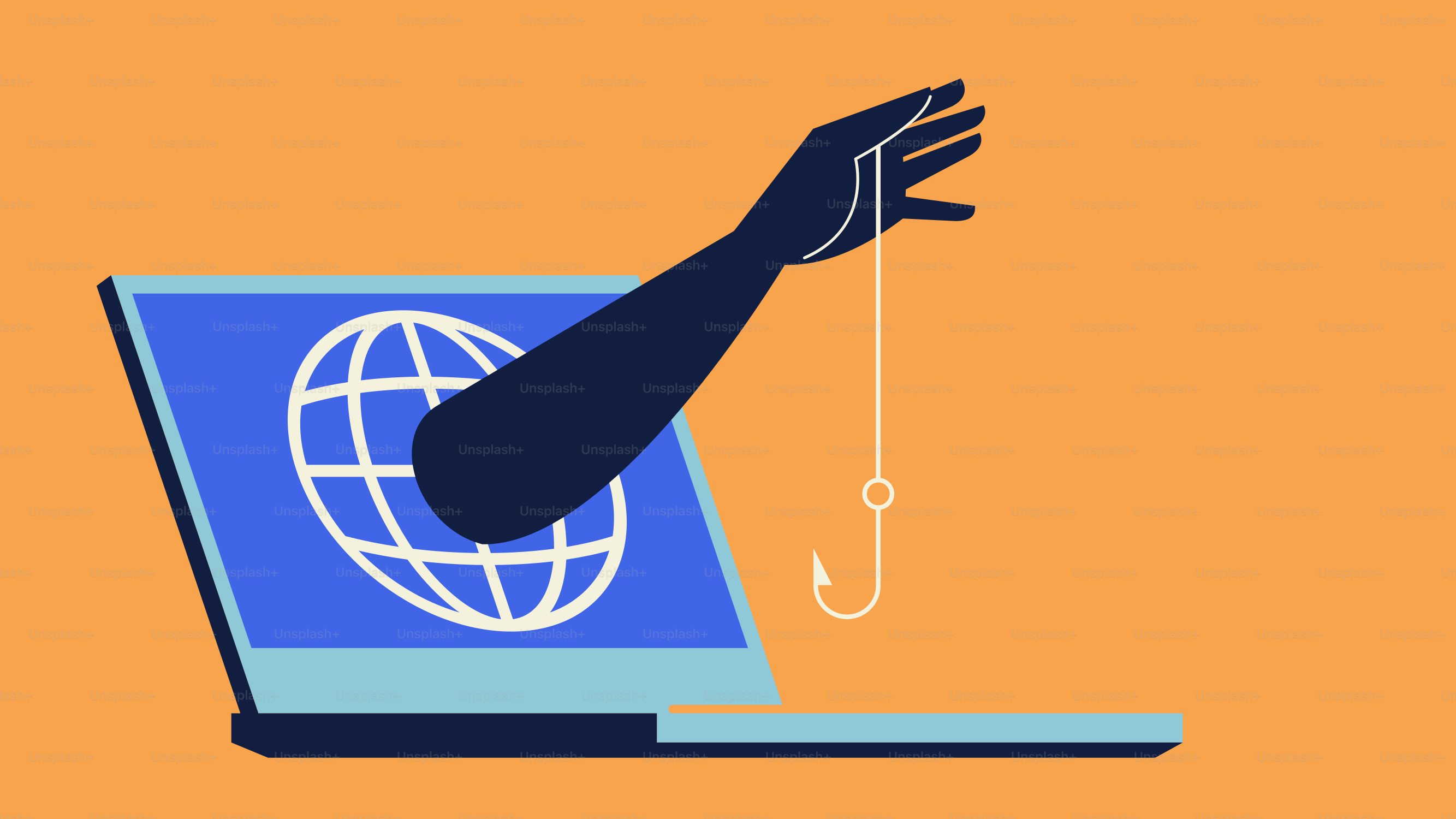 A hand holding a fishing hook over a laptop