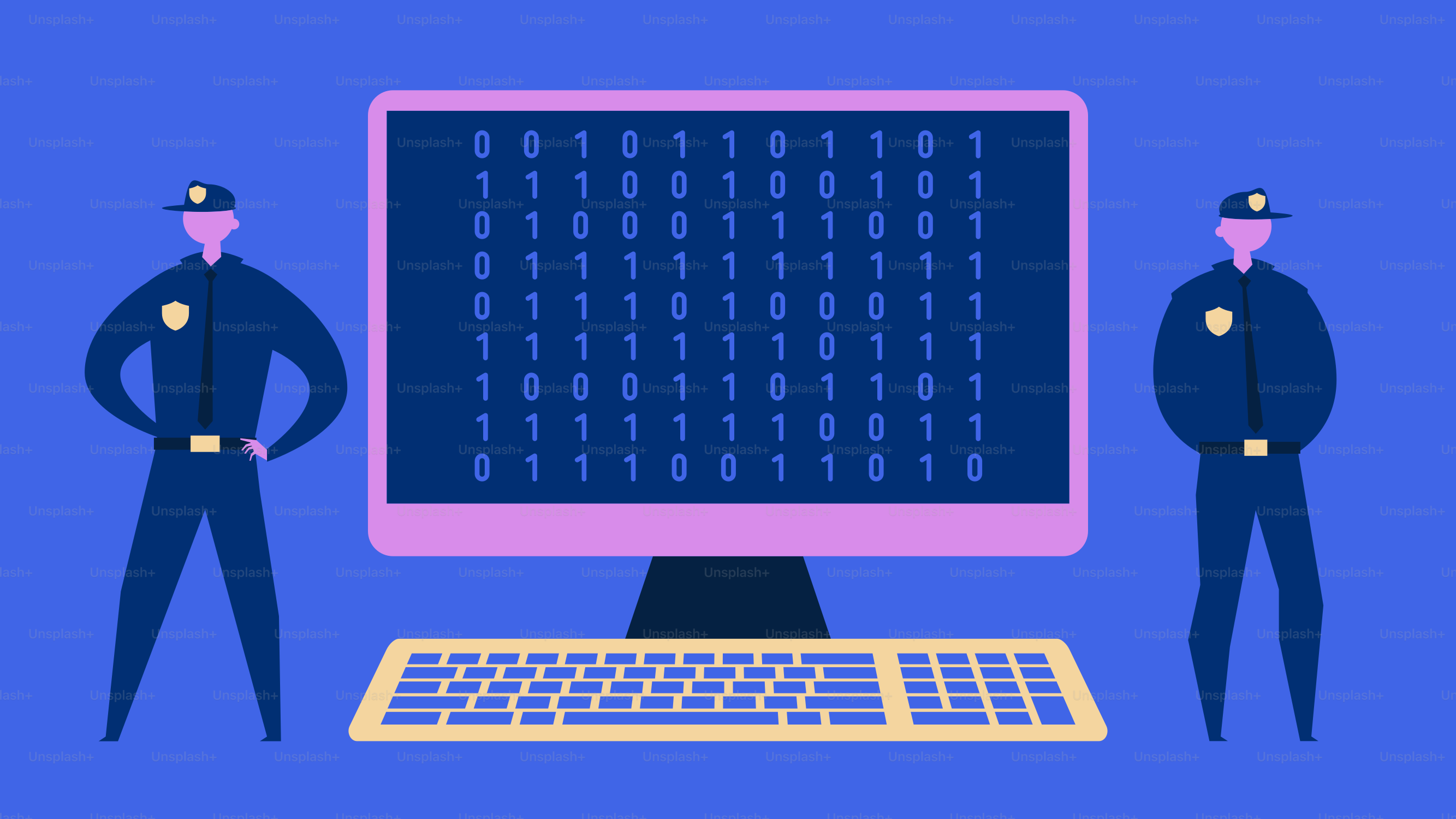 Two police officers standing in front of a computer