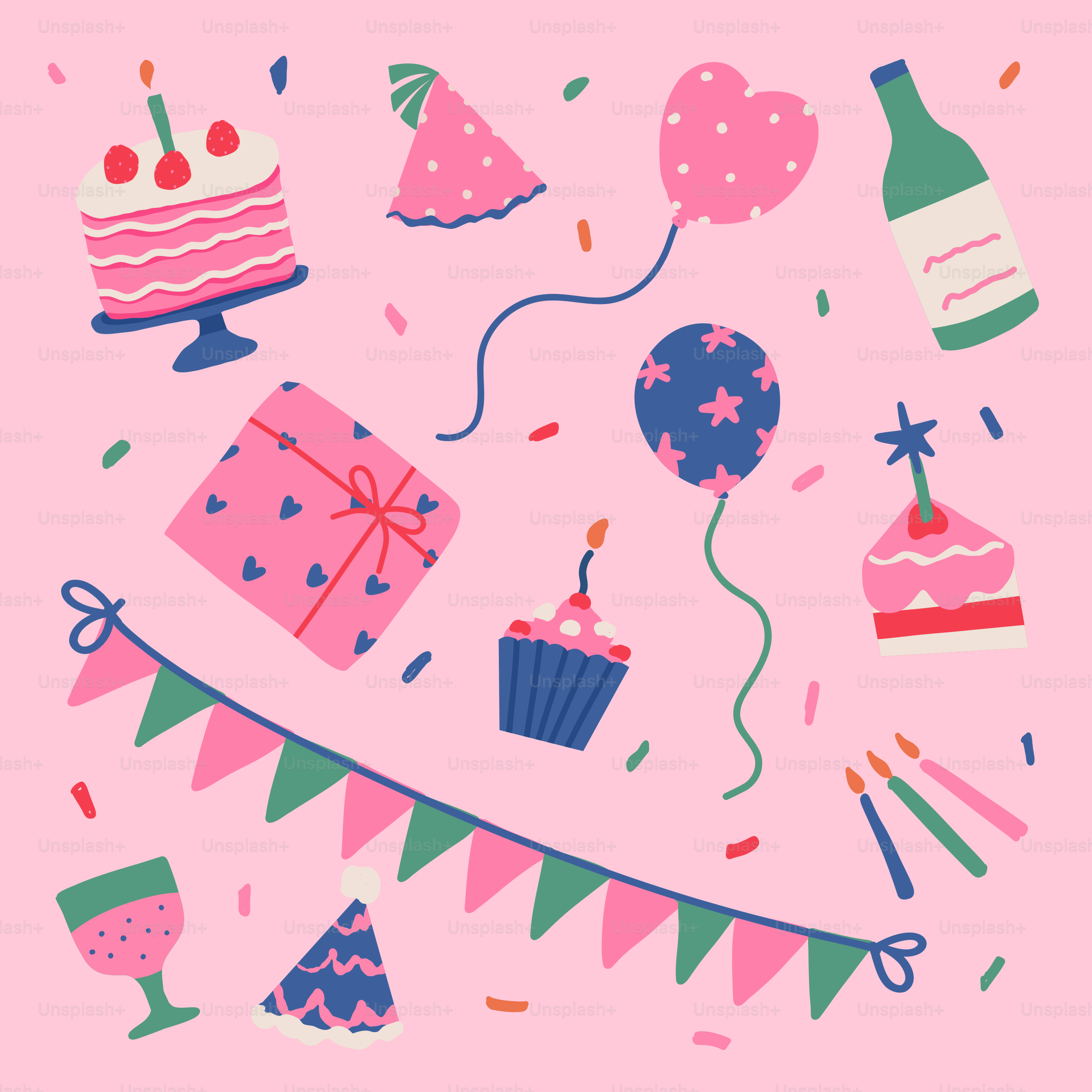 A pink birthday card with confetti and balloons
