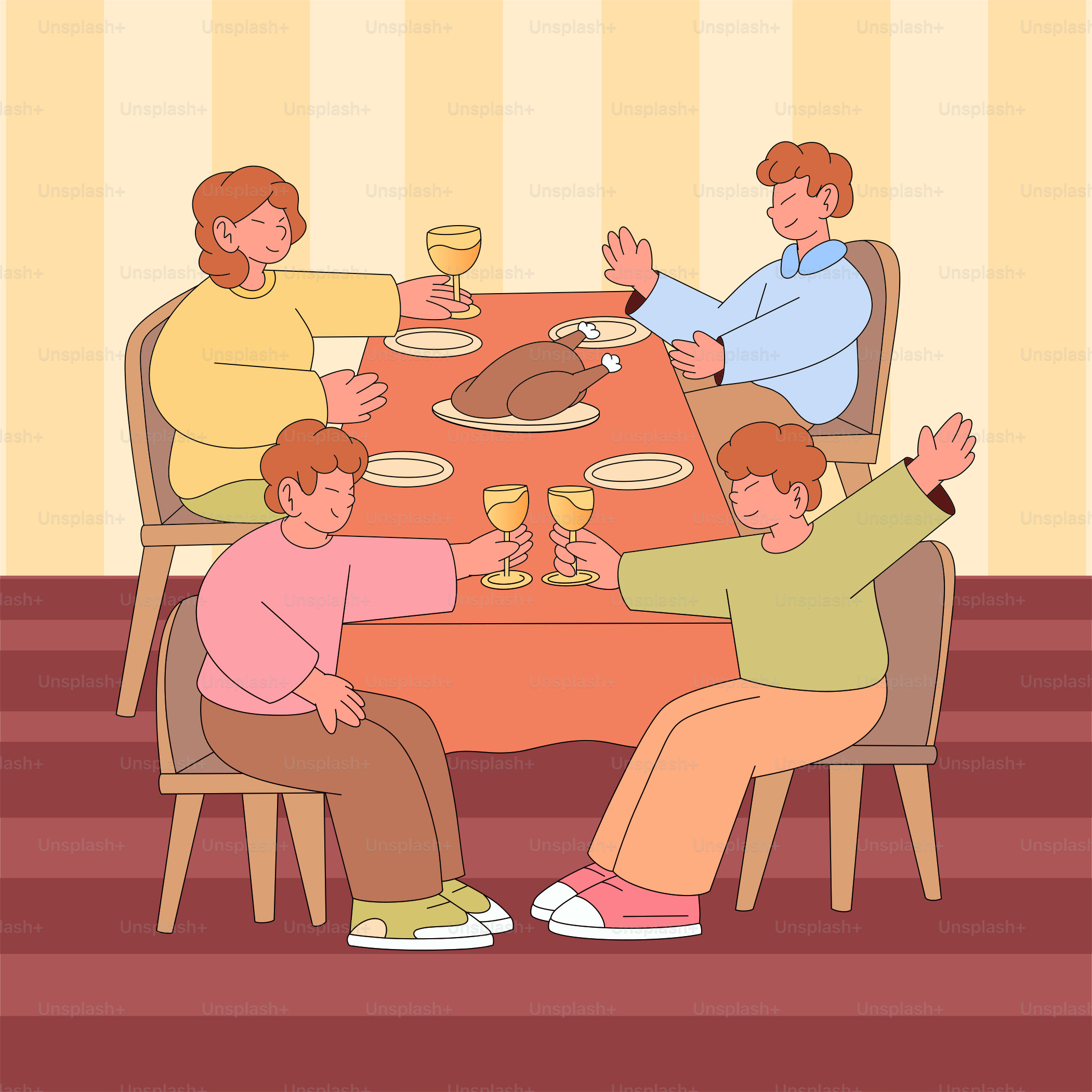 A group of people sitting around a table with a turkey on it