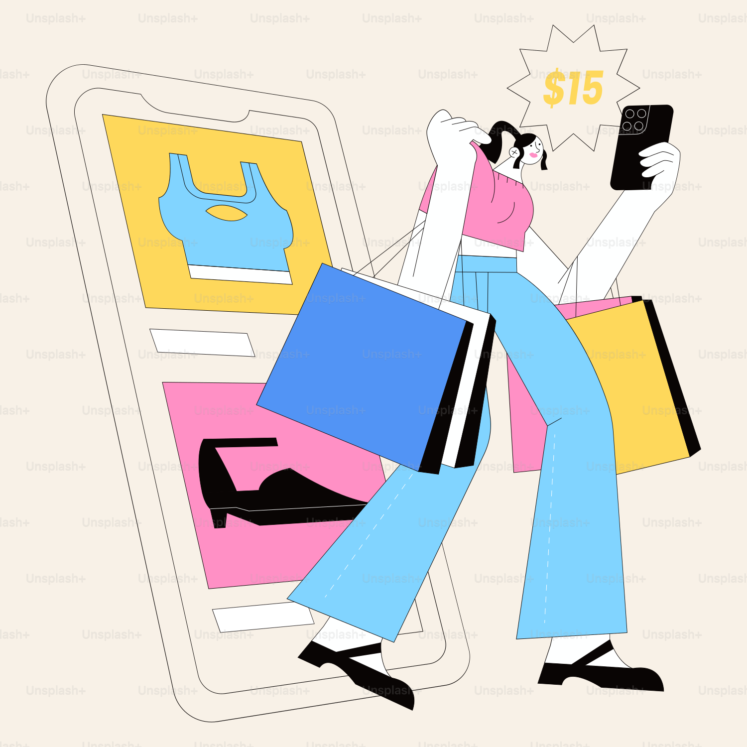 A woman carrying shopping bags and a cell phone