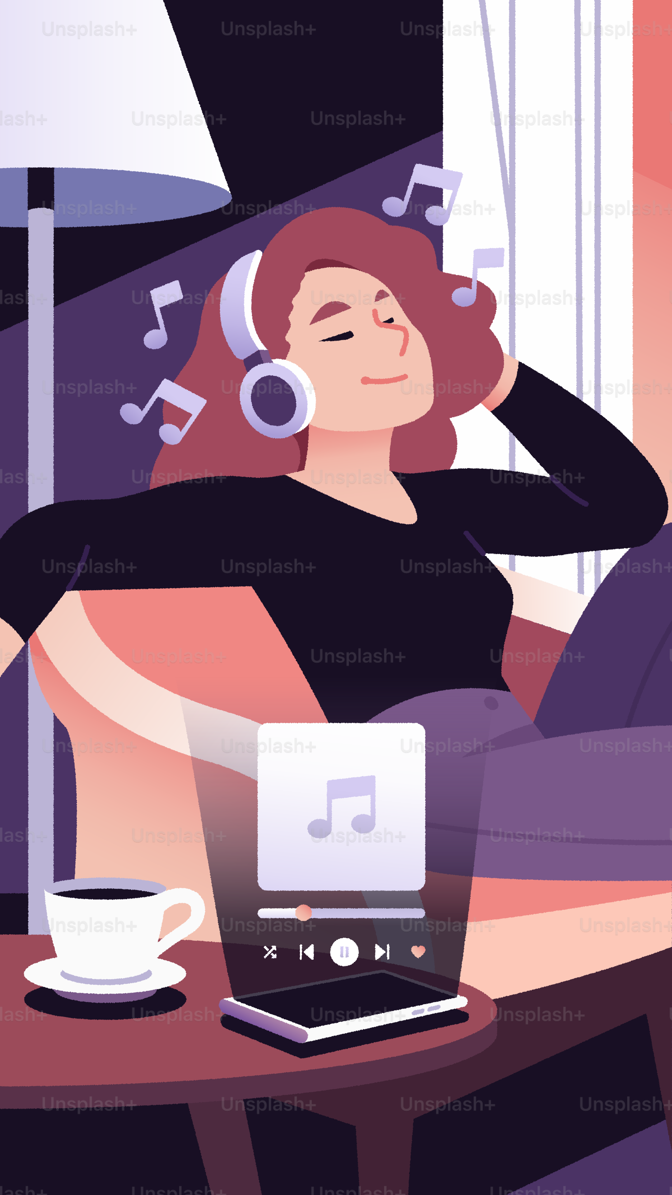 A woman sitting on a couch listening to music