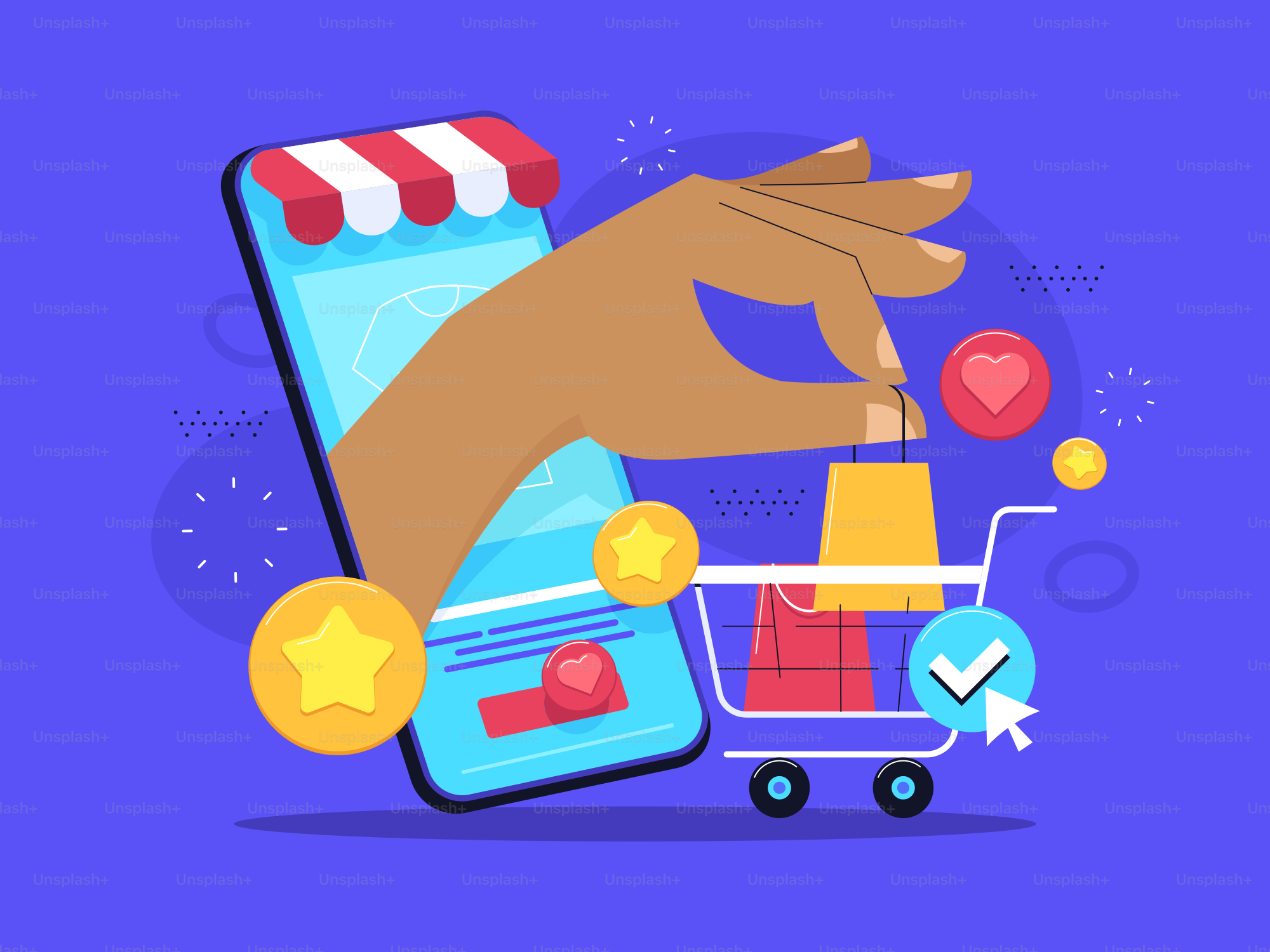 A hand pushing a shopping cart with a smartphone