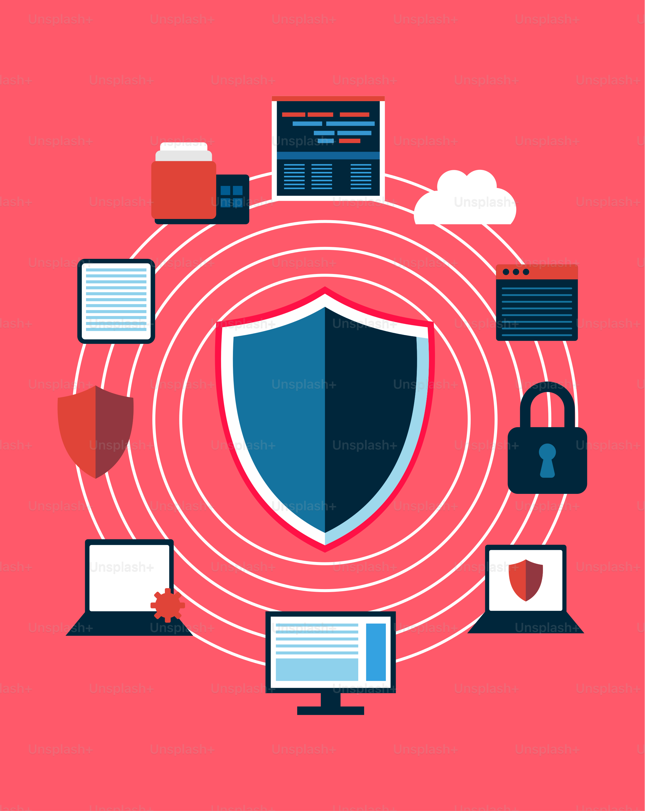 Un bouclier entouré de divers dispositifs électroniques