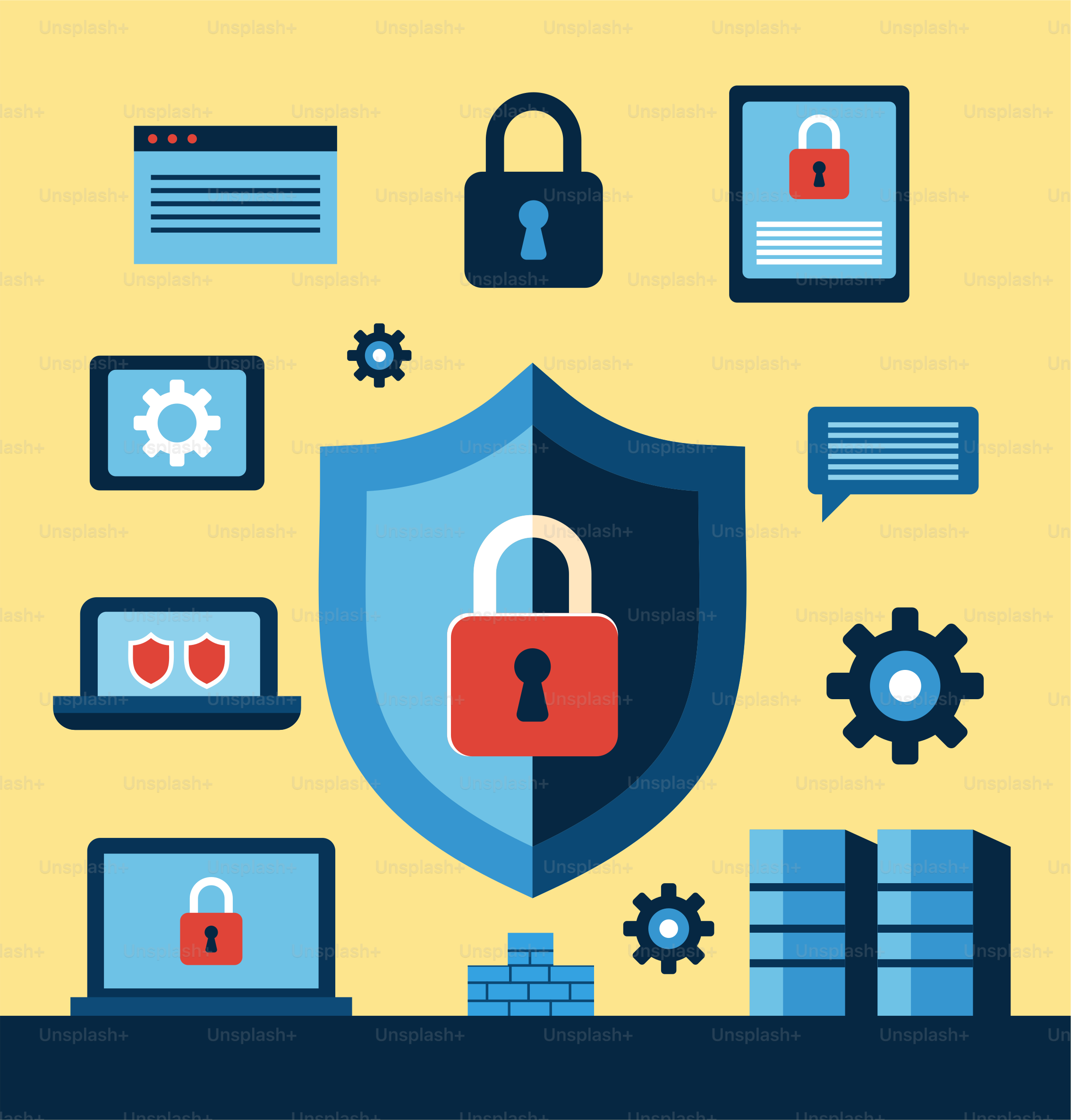 Un bouclier avec un cadenas entouré de divers dispositifs