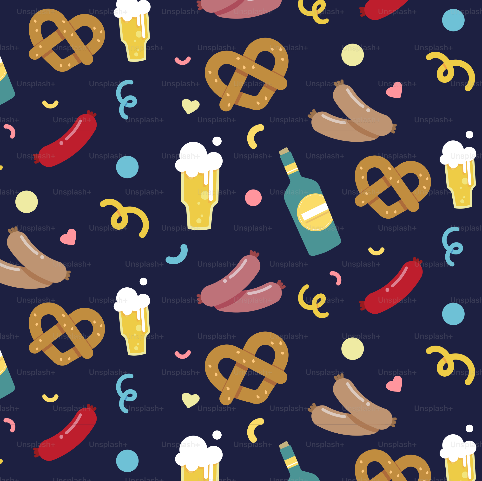 Un motif de bière et de bretzels sur fond bleu