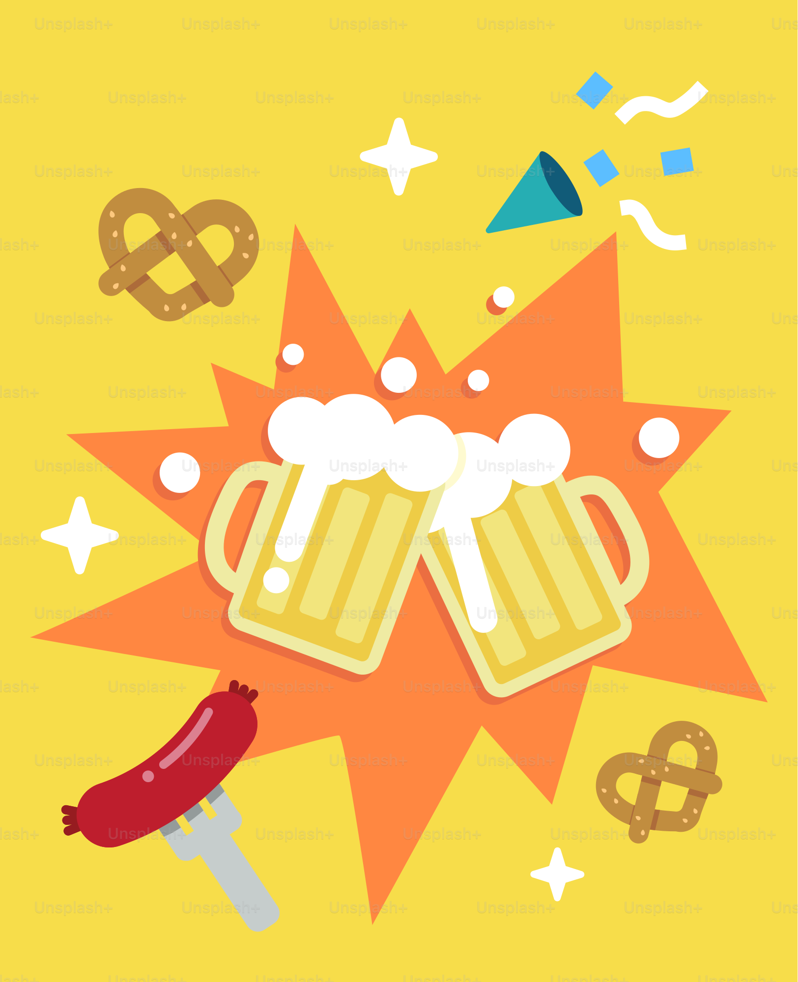 Dos jarras de cerveza y un perrito caliente sobre fondo amarillo