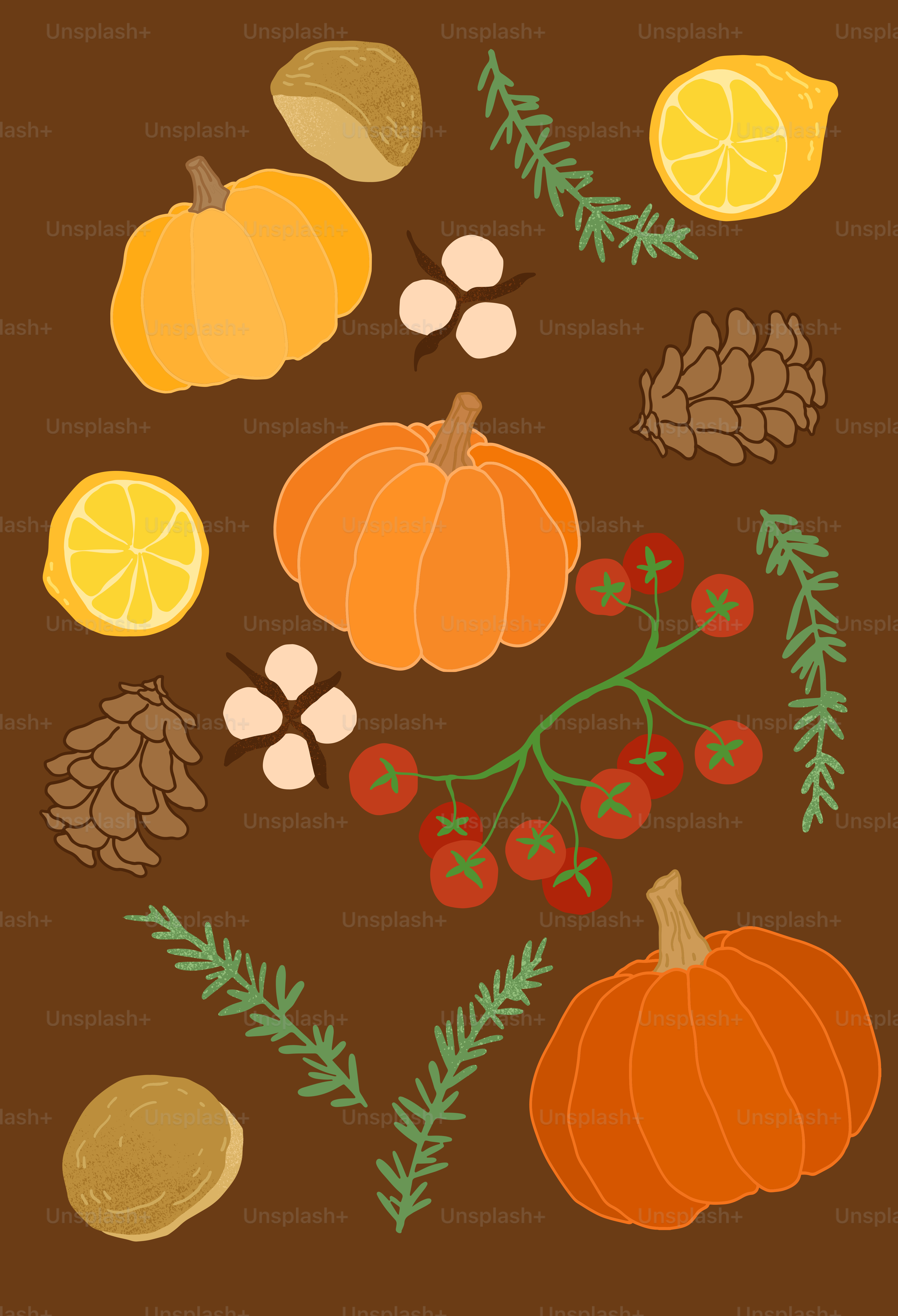 A bunch of different fruits and vegetables on a brown background